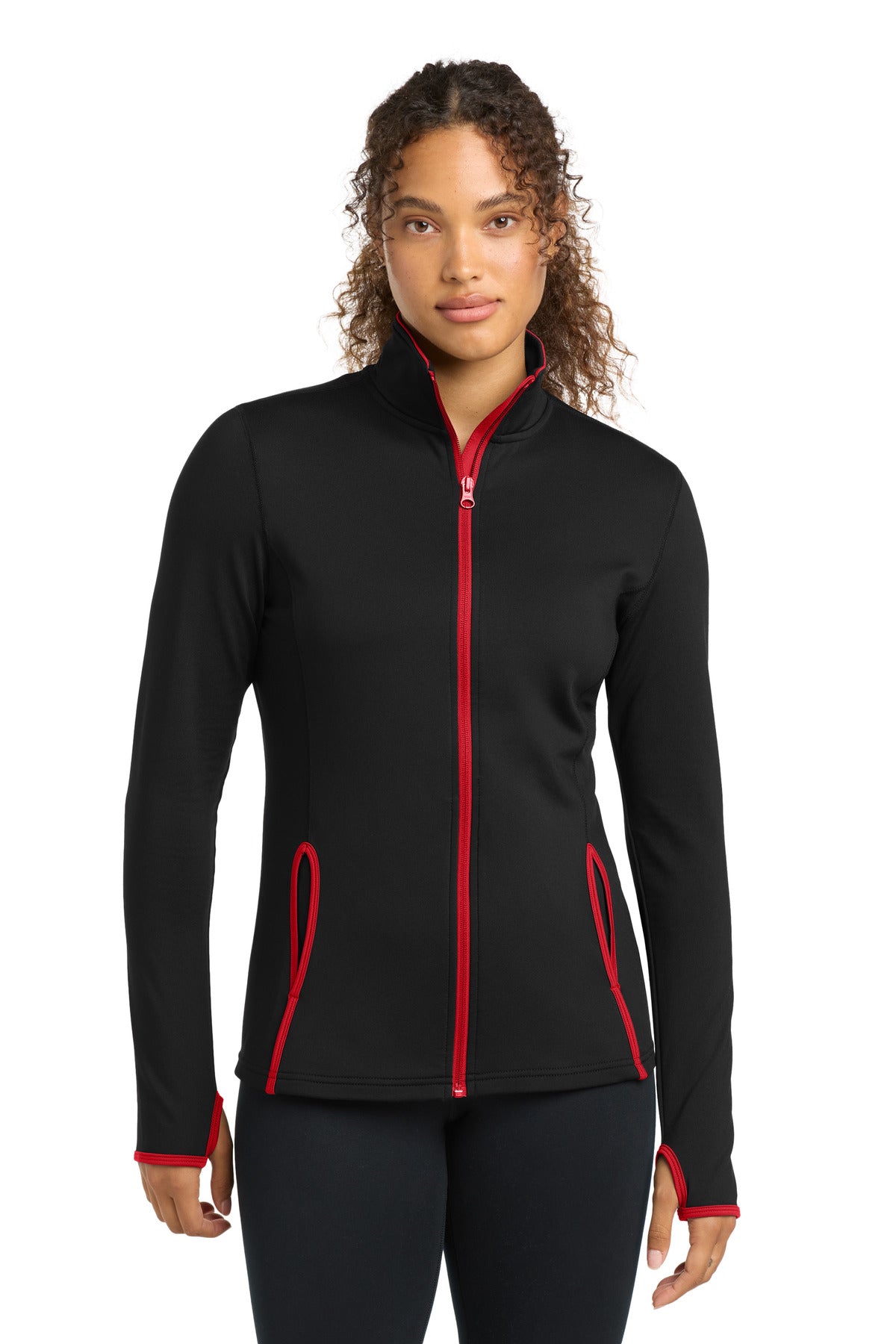 Sport-Tek Women's Sport-Wick Stretch Contrast Full-Zip Jacket.  LST853 - Black/ True Red