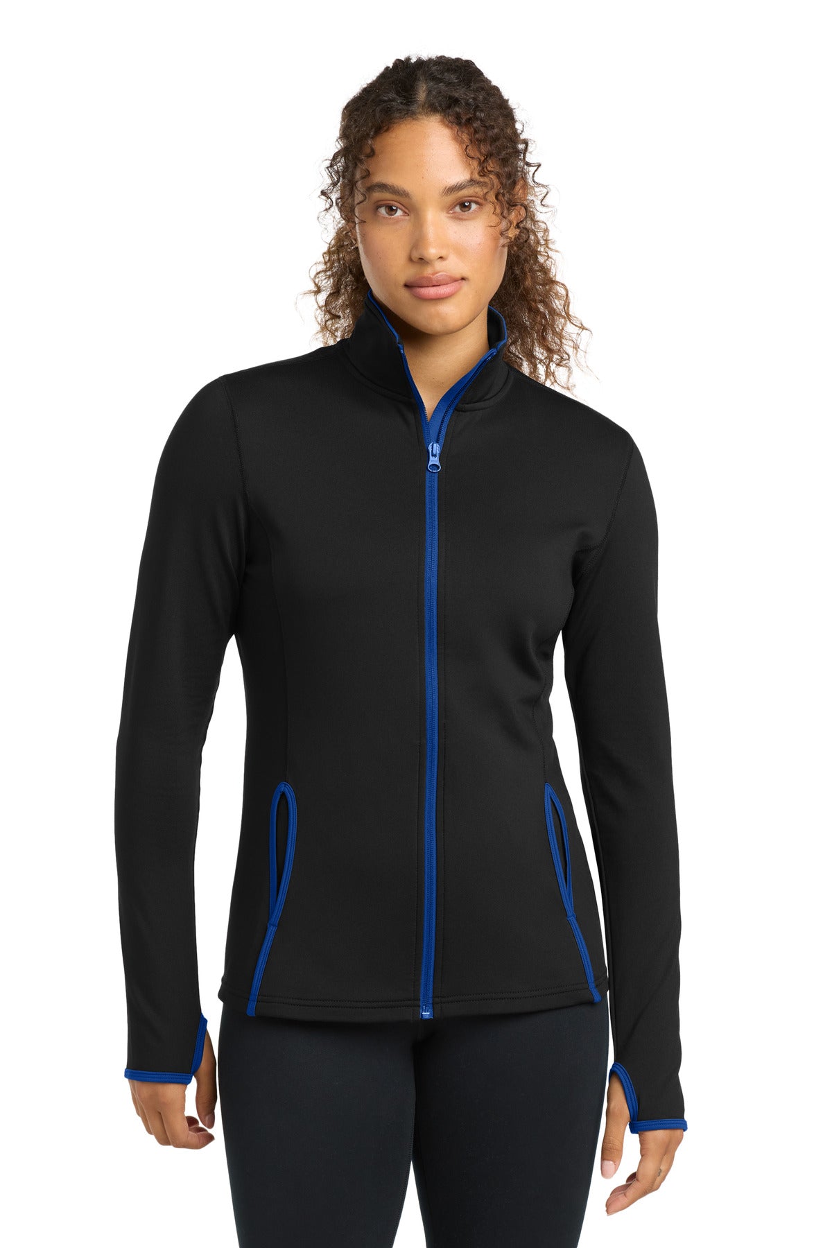 Sport-Tek Women's Sport-Wick Stretch Contrast Full-Zip Jacket.  LST853 - Black/ True Royal