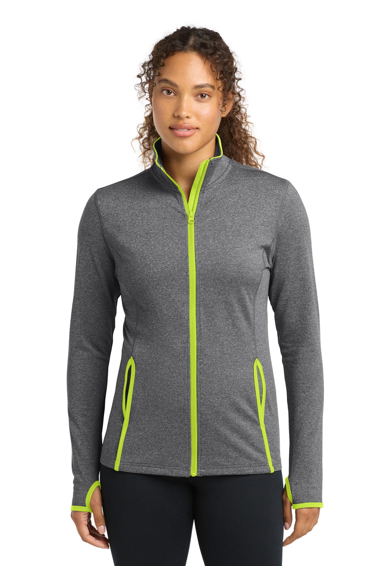 Sport-Tek Women's Sport-Wick Stretch Contrast Full-Zip Jacket.  LST853 - Charcoal Grey Heather/ Charge Green