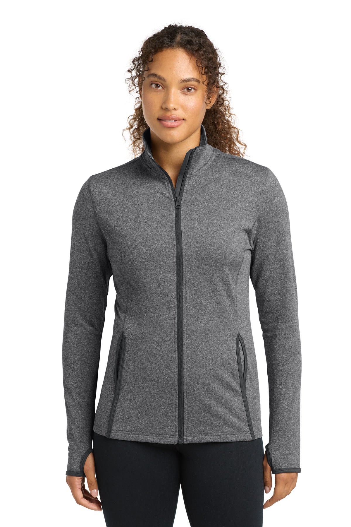Sport-Tek Women's Sport-Wick Stretch Contrast Full-Zip Jacket.  LST853 - Charcoal Grey Heather/ Charcoal Grey