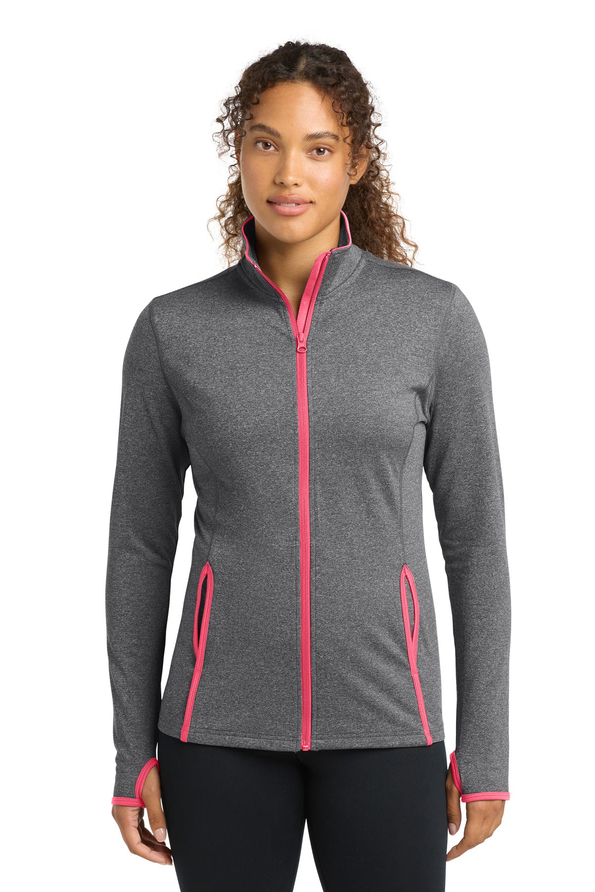 Sport-Tek Women's Sport-Wick Stretch Contrast Full-Zip Jacket.  LST853 - Charcoal Grey Heather/ Hot Coral
