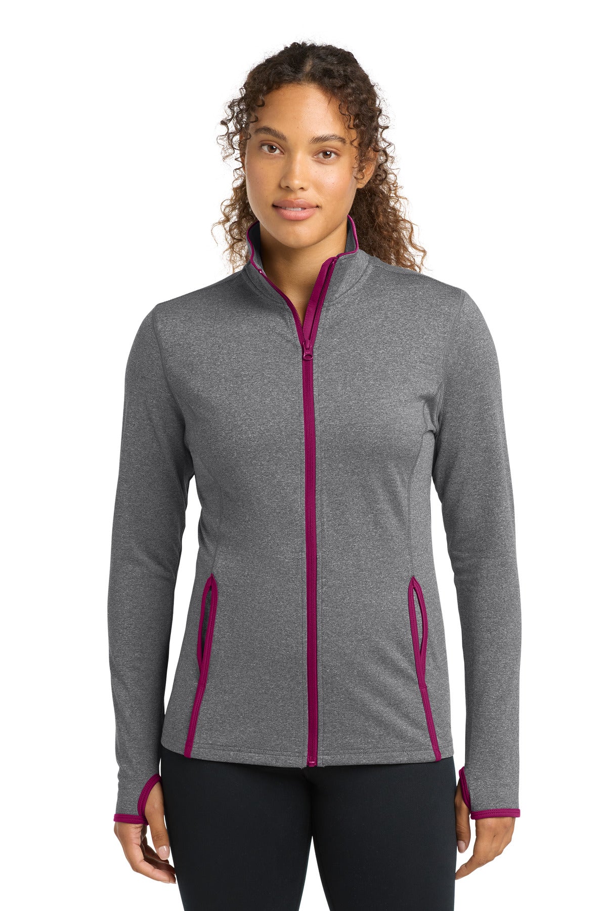 Sport-Tek Women's Sport-Wick Stretch Contrast Full-Zip Jacket.  LST853 - Charcoal Grey Heather/ Pink Rush