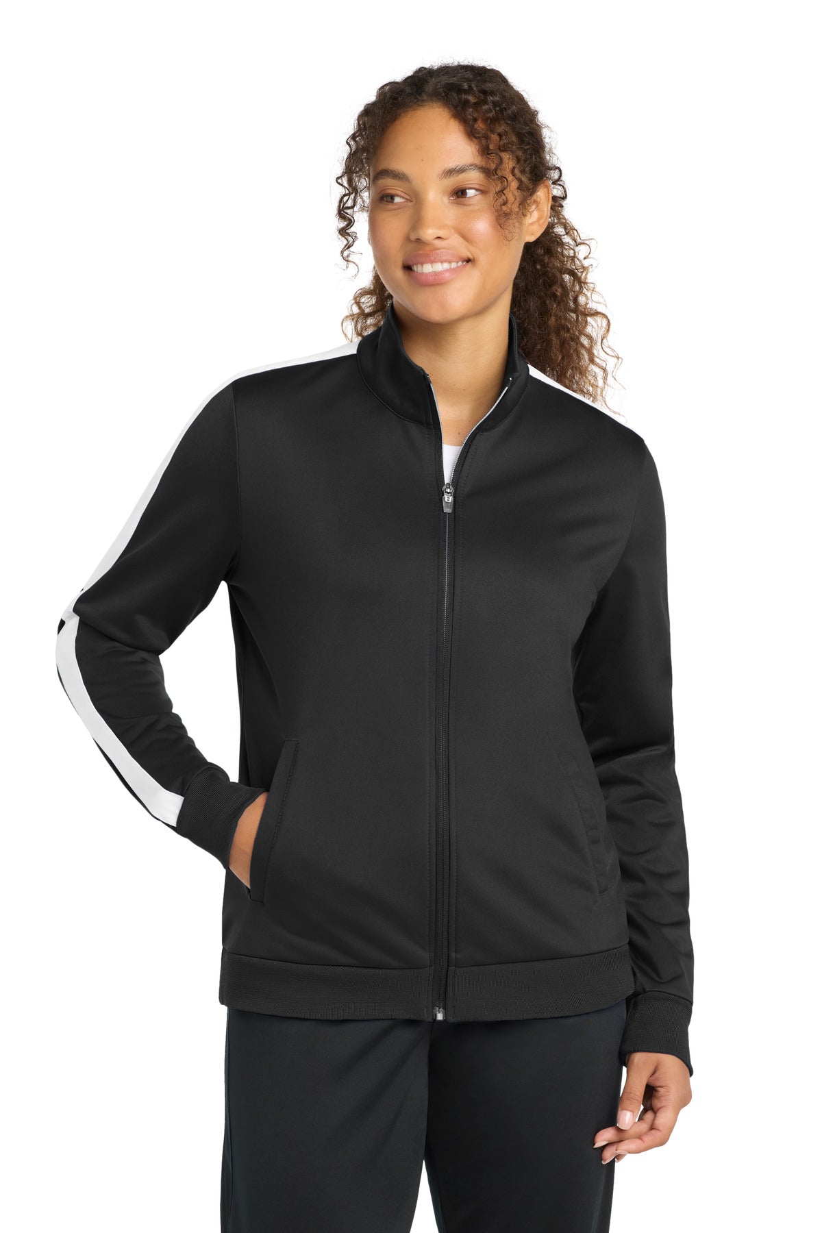 Sport-Tek  Ladies Tricot Sleeve Stripe Track Jacket. LST94 - Black/ White
