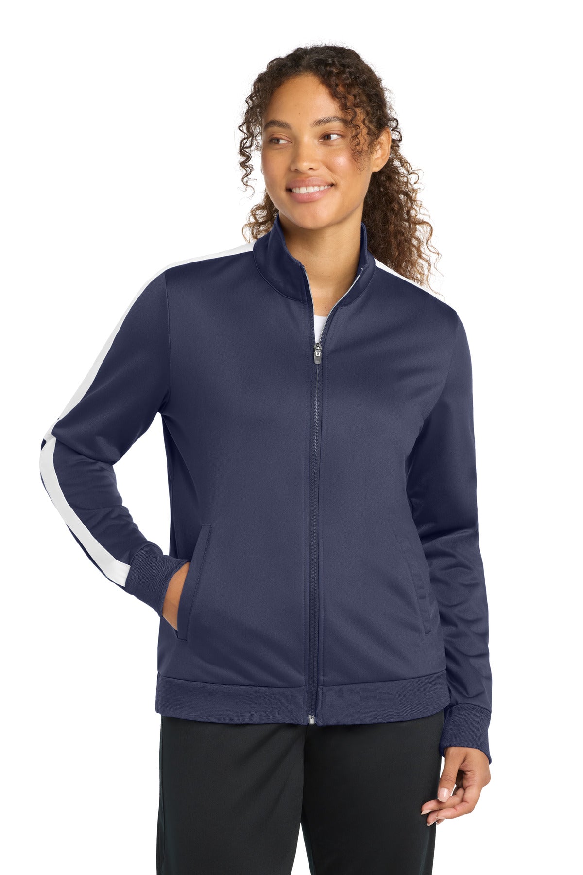 Sport-Tek  Ladies Tricot Sleeve Stripe Track Jacket. LST94 - True Navy/ White