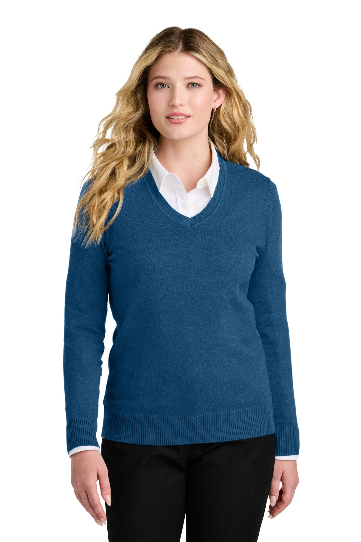 Port Authority Women's Easy Care V-Neck Sweater LSW2850 - Aegean Blue Heather