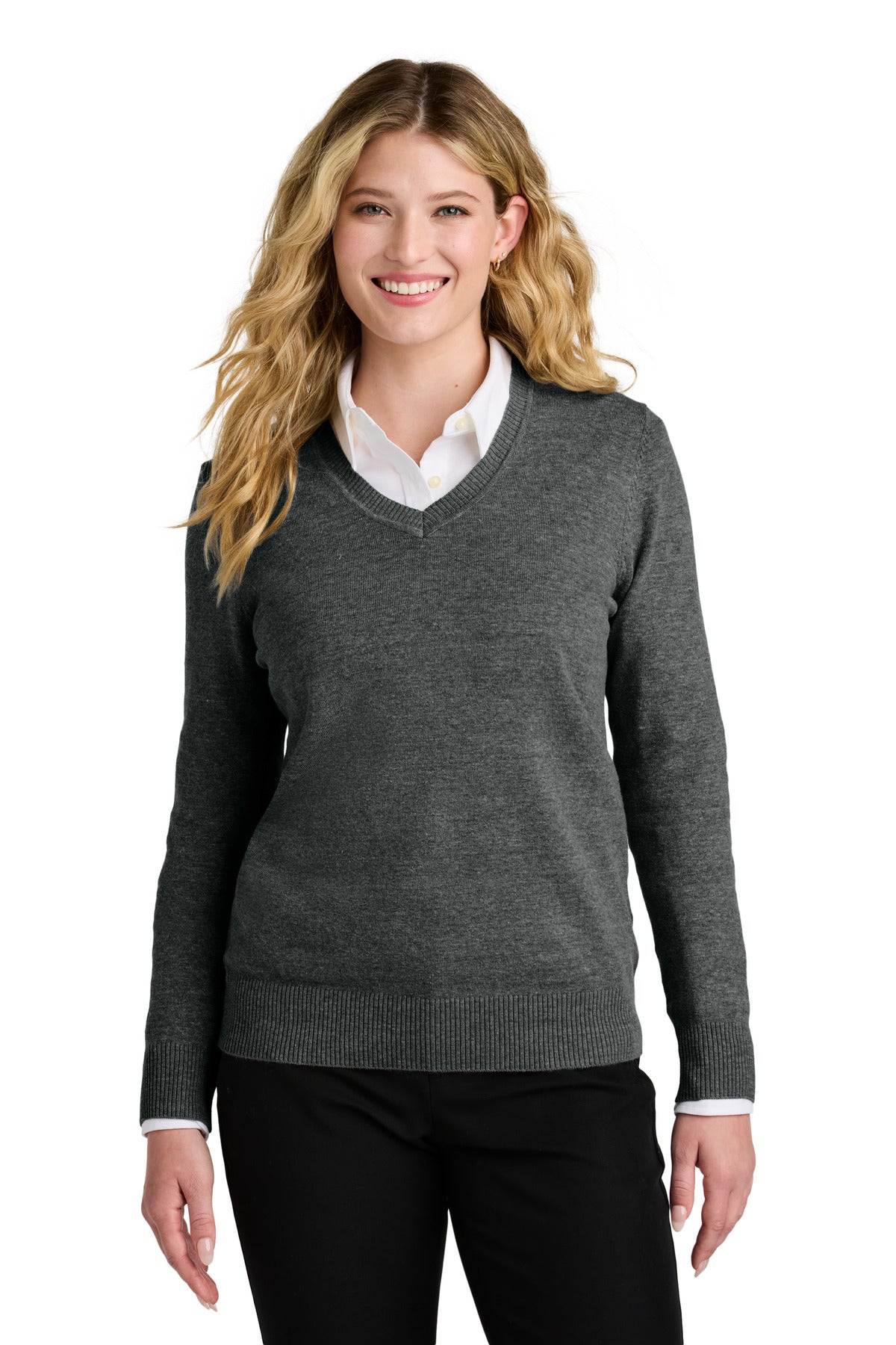 Port Authority Women's Easy Care V-Neck Sweater LSW2850 - Charcoal Heather
