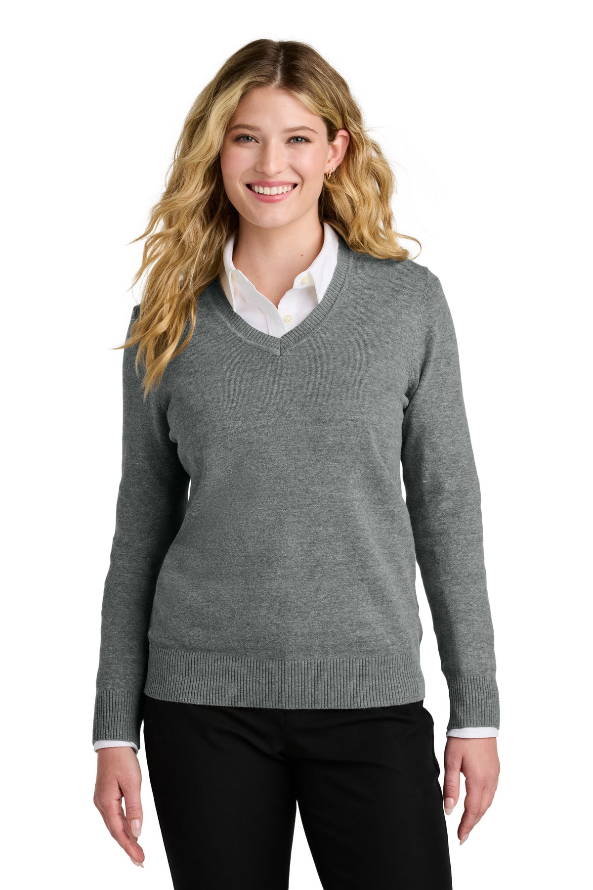 Port Authority Women's Easy Care V-Neck Sweater LSW2850 - Medium Heather Grey
