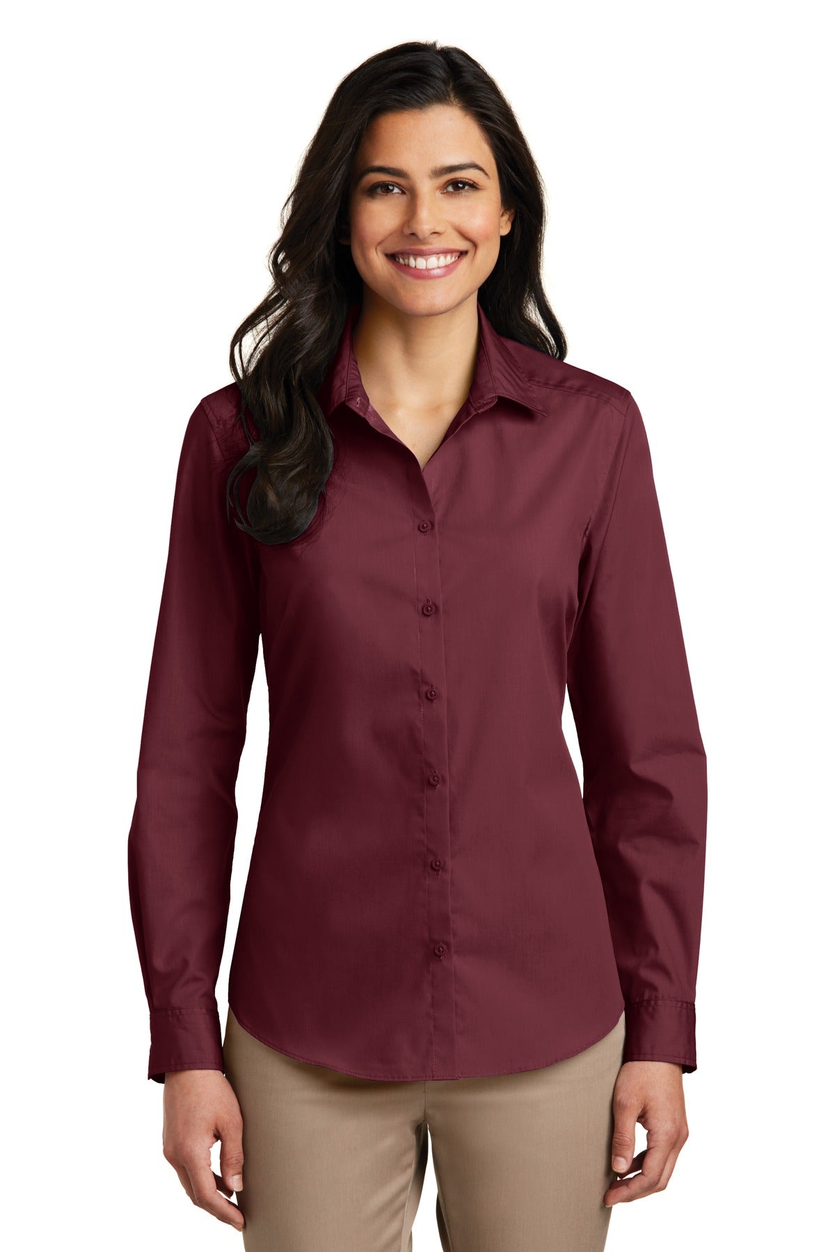 Port Authority Women's Long Sleeve Carefree Poplin Shirt. LW100 - Burgundy