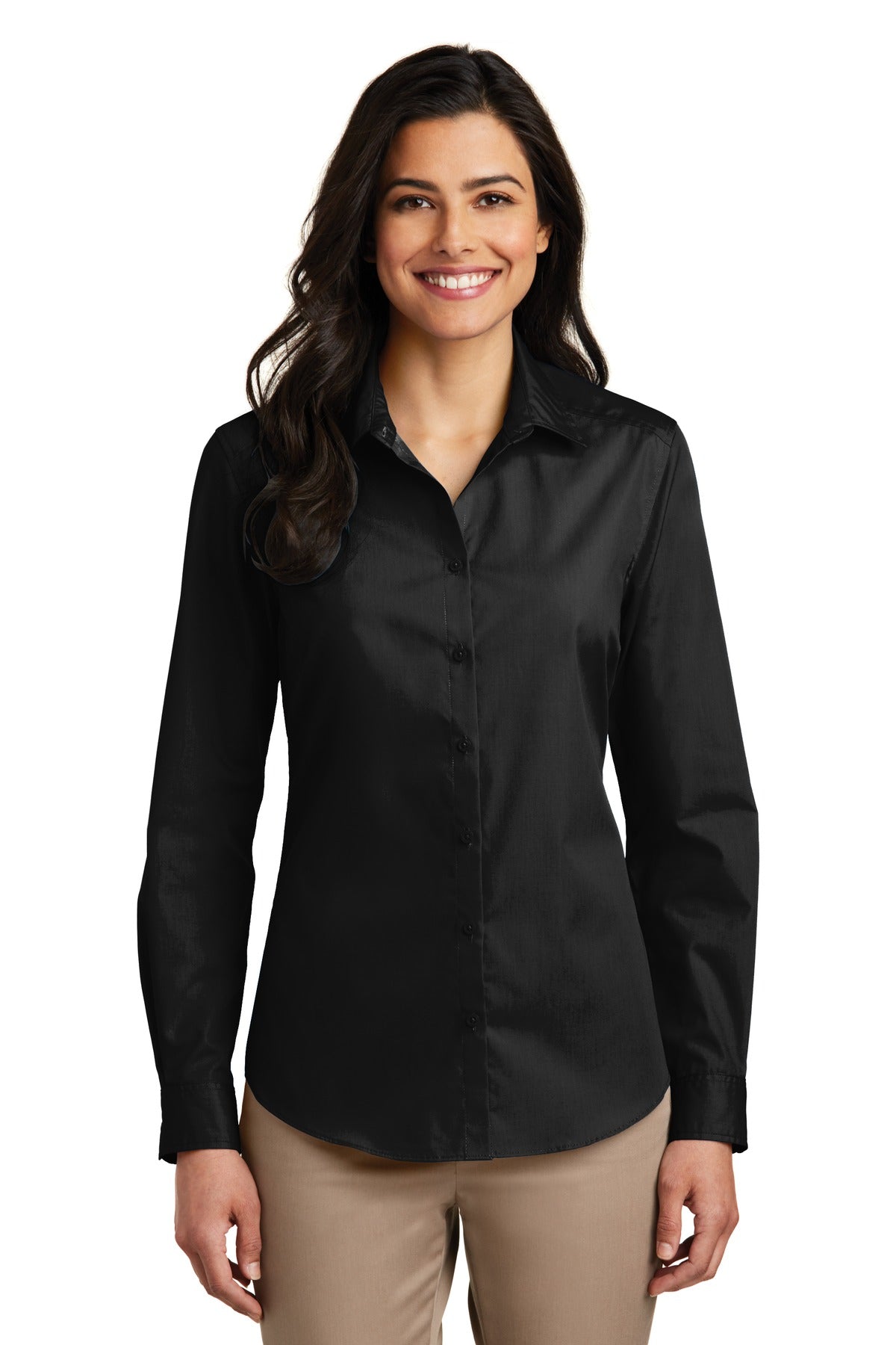 Port Authority Women's Long Sleeve Carefree Poplin Shirt. LW100 - Deep Black
