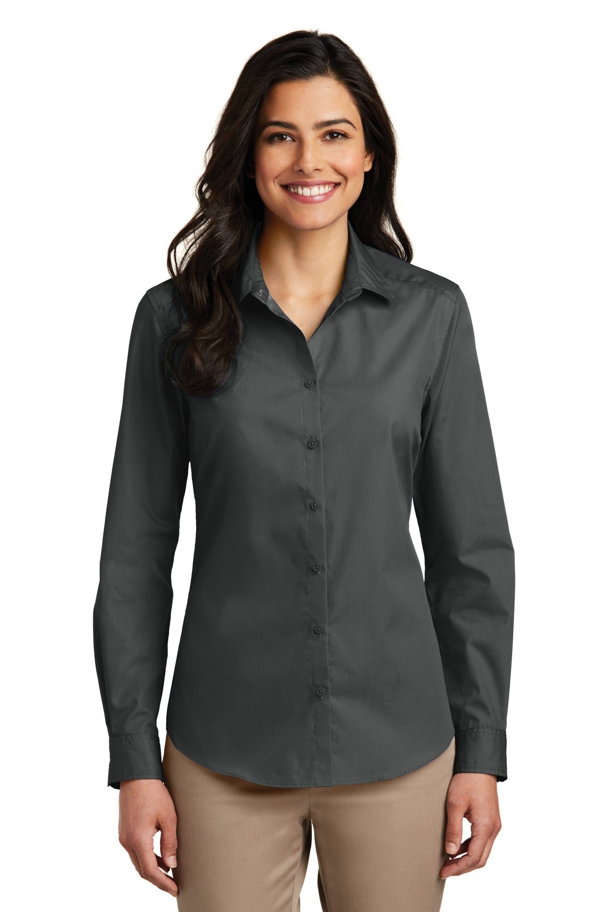 Port Authority Women's Long Sleeve Carefree Poplin Shirt. LW100 - Graphite