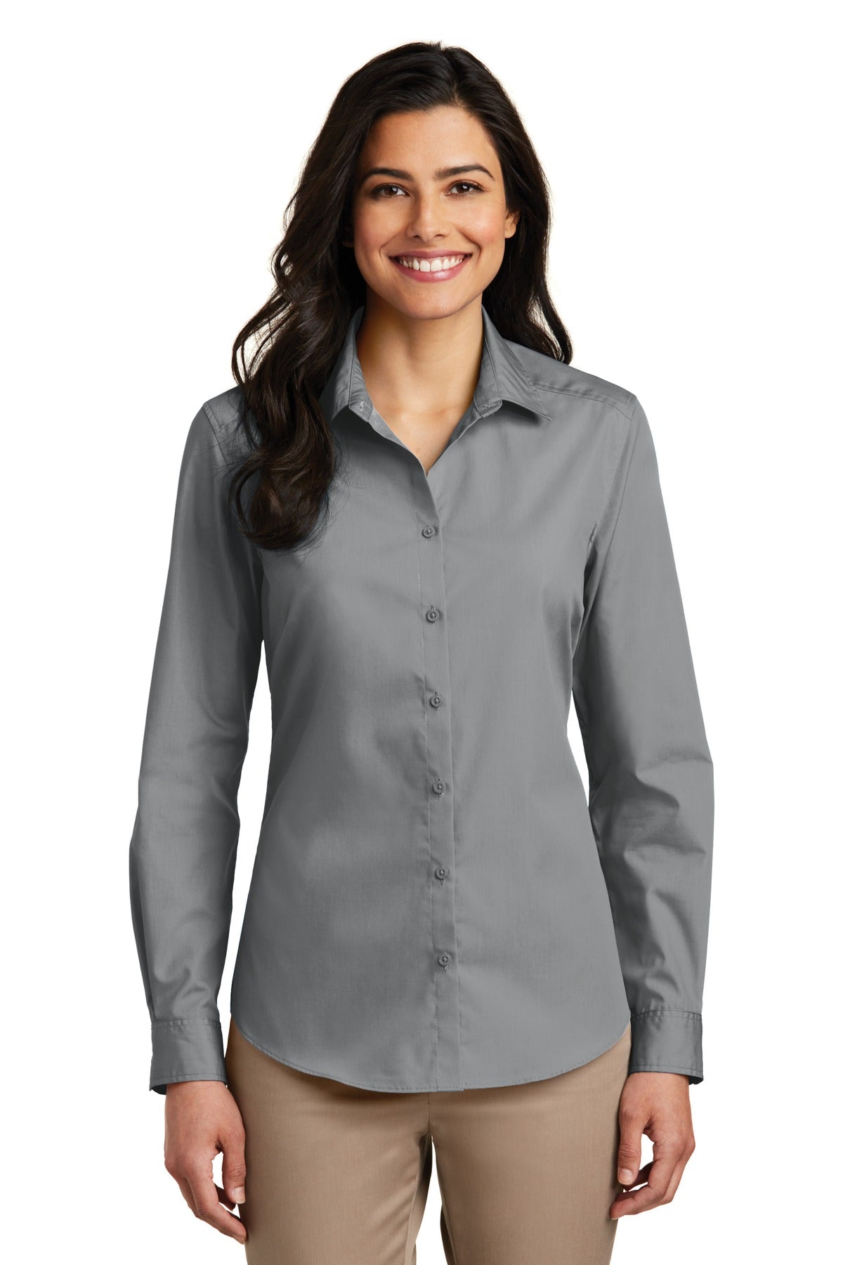 Port Authority Women's Long Sleeve Carefree Poplin Shirt. LW100 - Gusty Grey