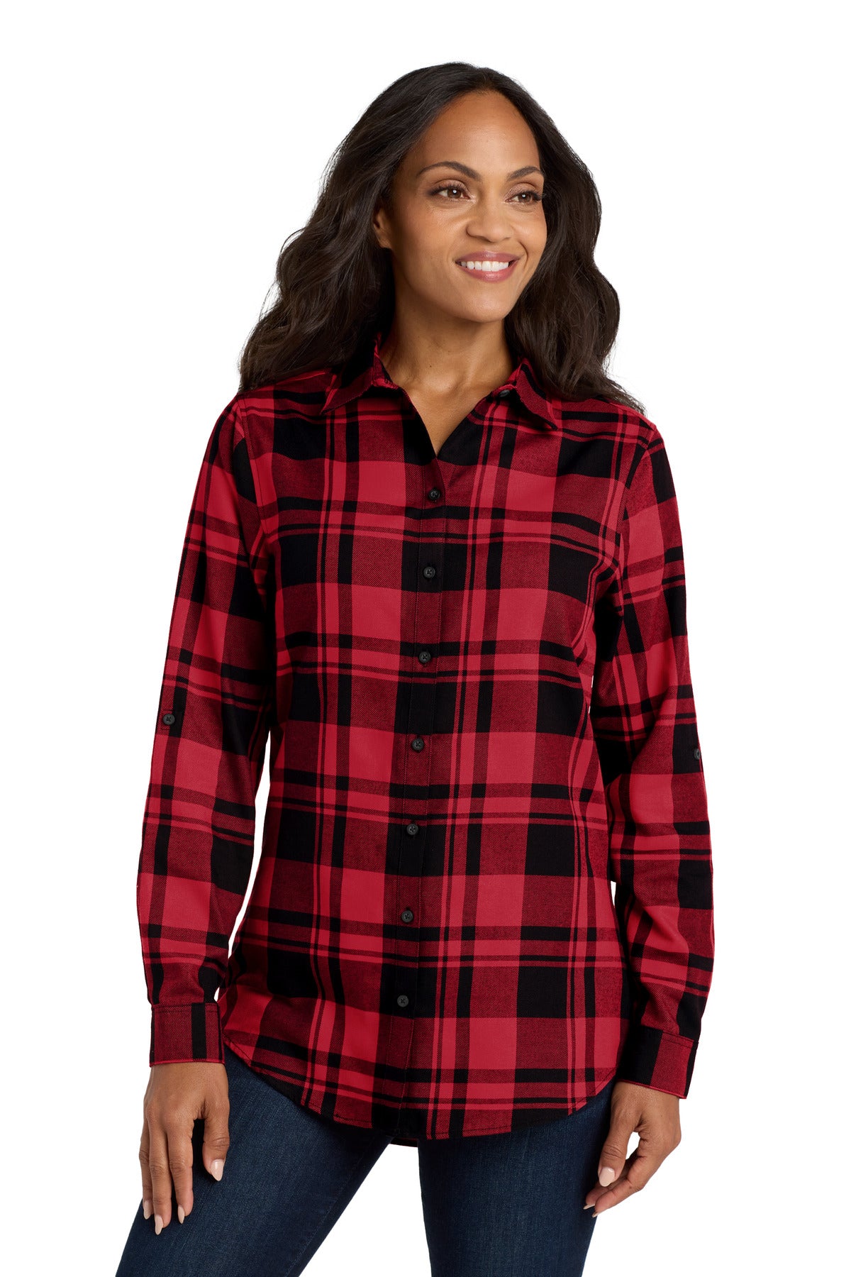 Port Authority Women's Plaid Flannel Tunic . LW668 - Engine Red/ Black