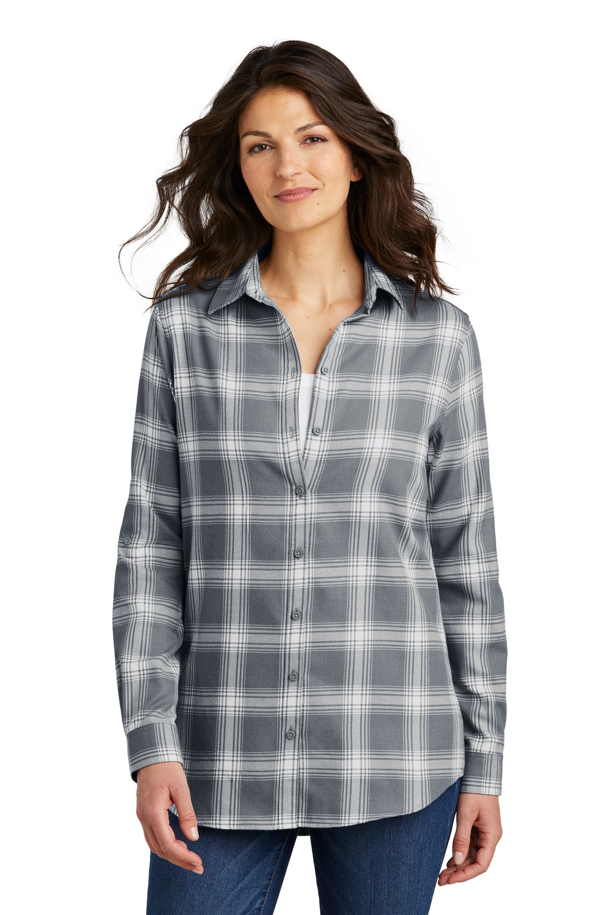 Port Authority Women's Plaid Flannel Tunic . LW668 - Grey/ Cream Open Plaid