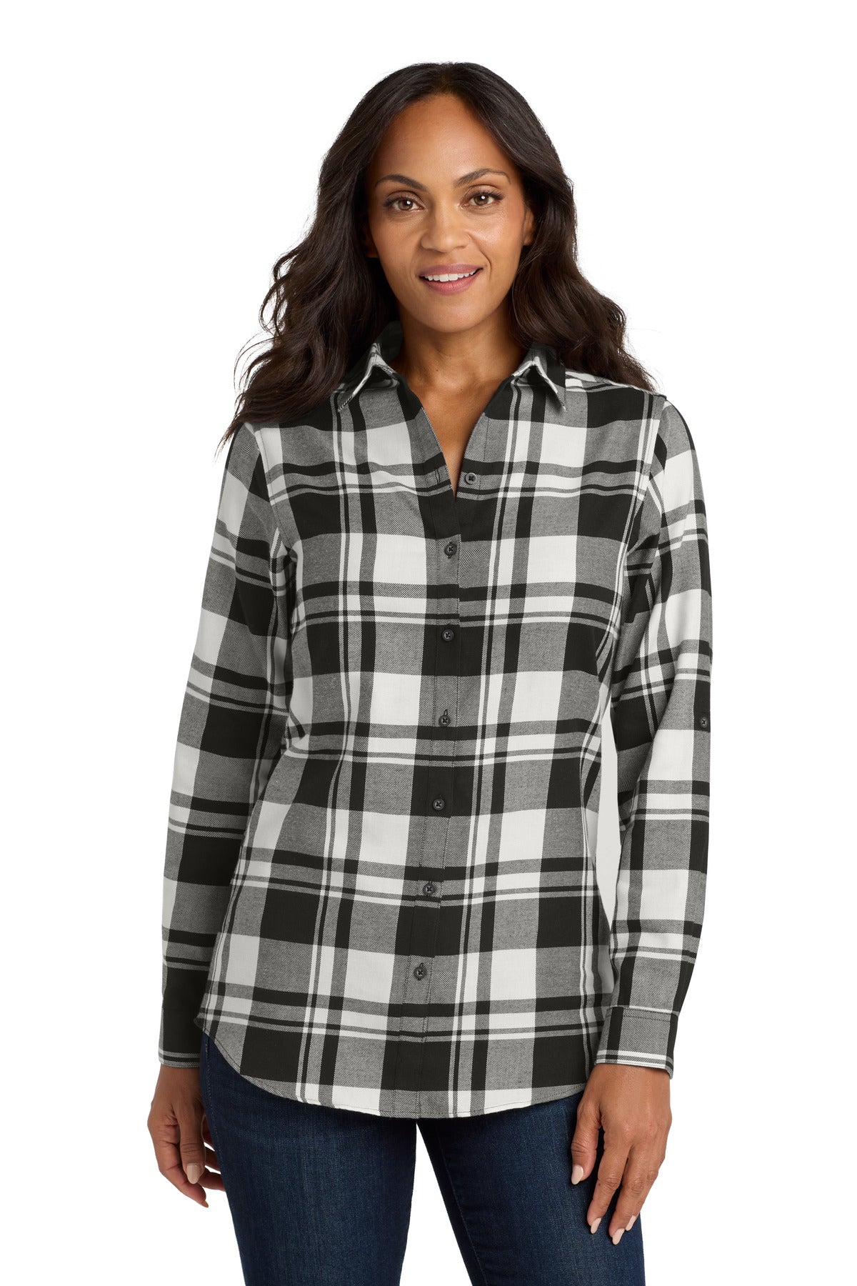 Port Authority Women's Plaid Flannel Tunic . LW668 - Snow White/ Black