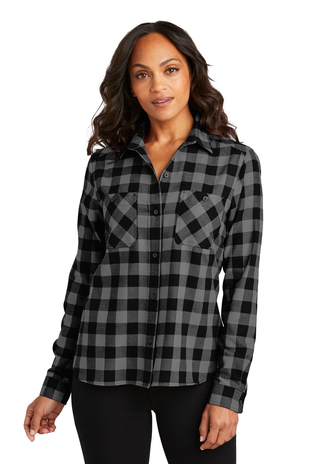 Port Authority Women's Plaid Flannel Shirt LW669 - Grey/ Black Buffalo Check