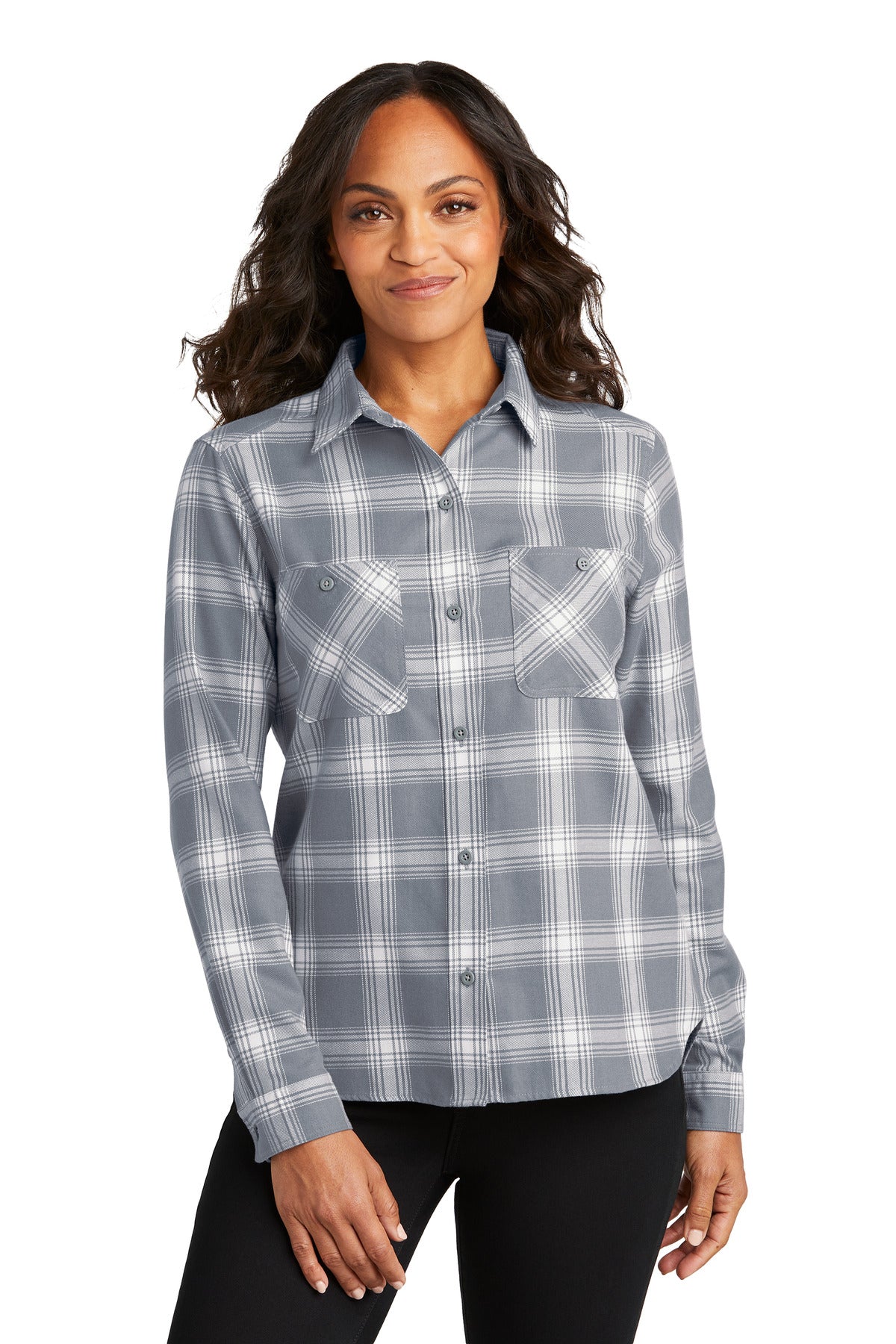 Port Authority Women's Plaid Flannel Shirt LW669 - Grey/ Cream Open Plaid