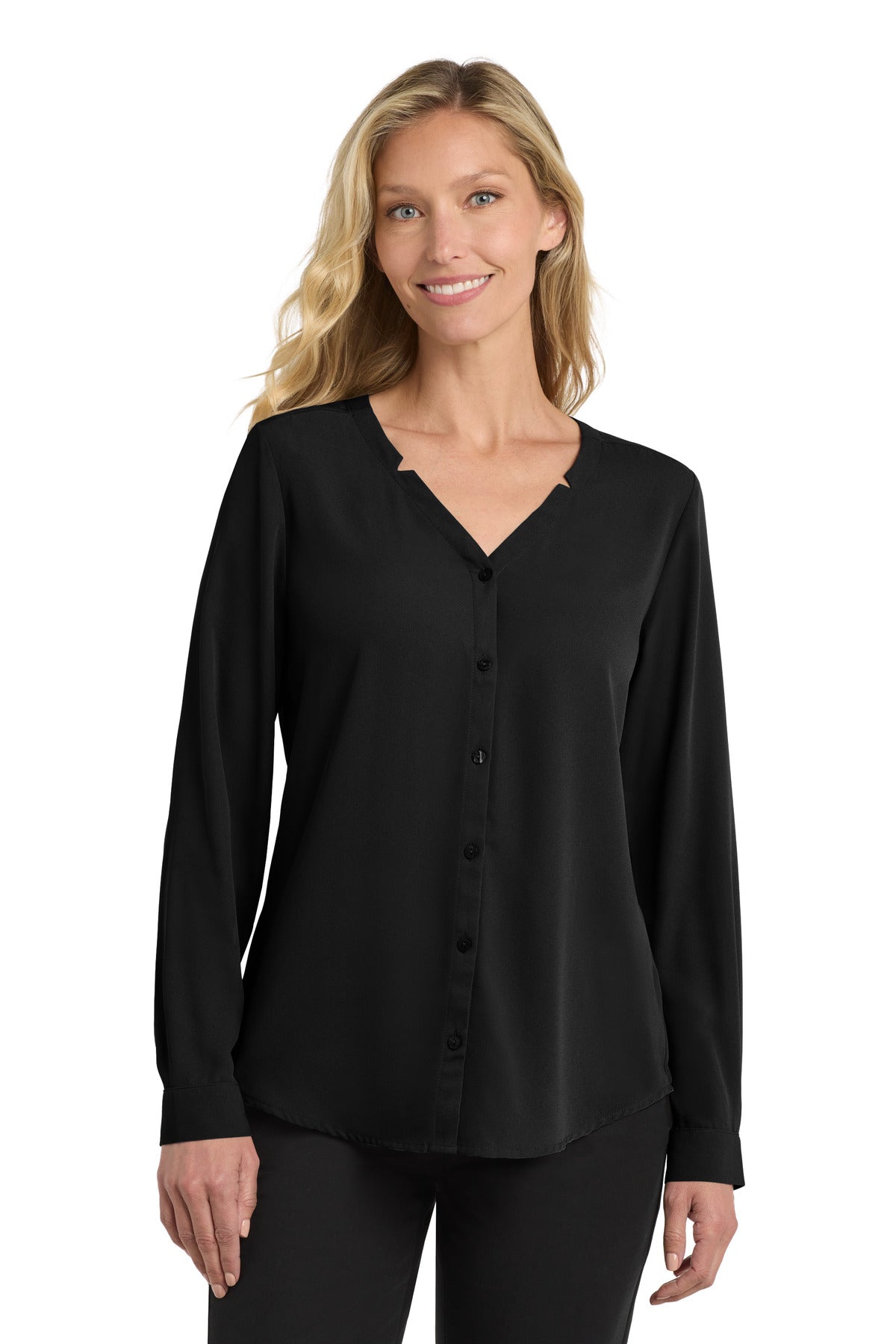 Port Authority Women's Long Sleeve Button-Front Blouse. LW700 - Black