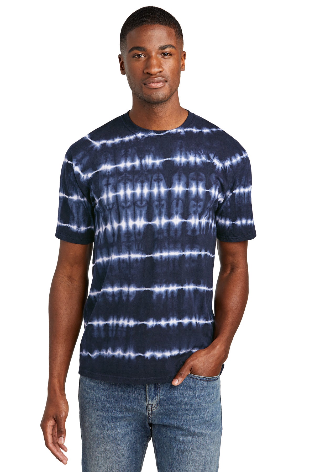 Port & Co Allover Stripe Tie-Dye Tee PC142 - True Navy/ White