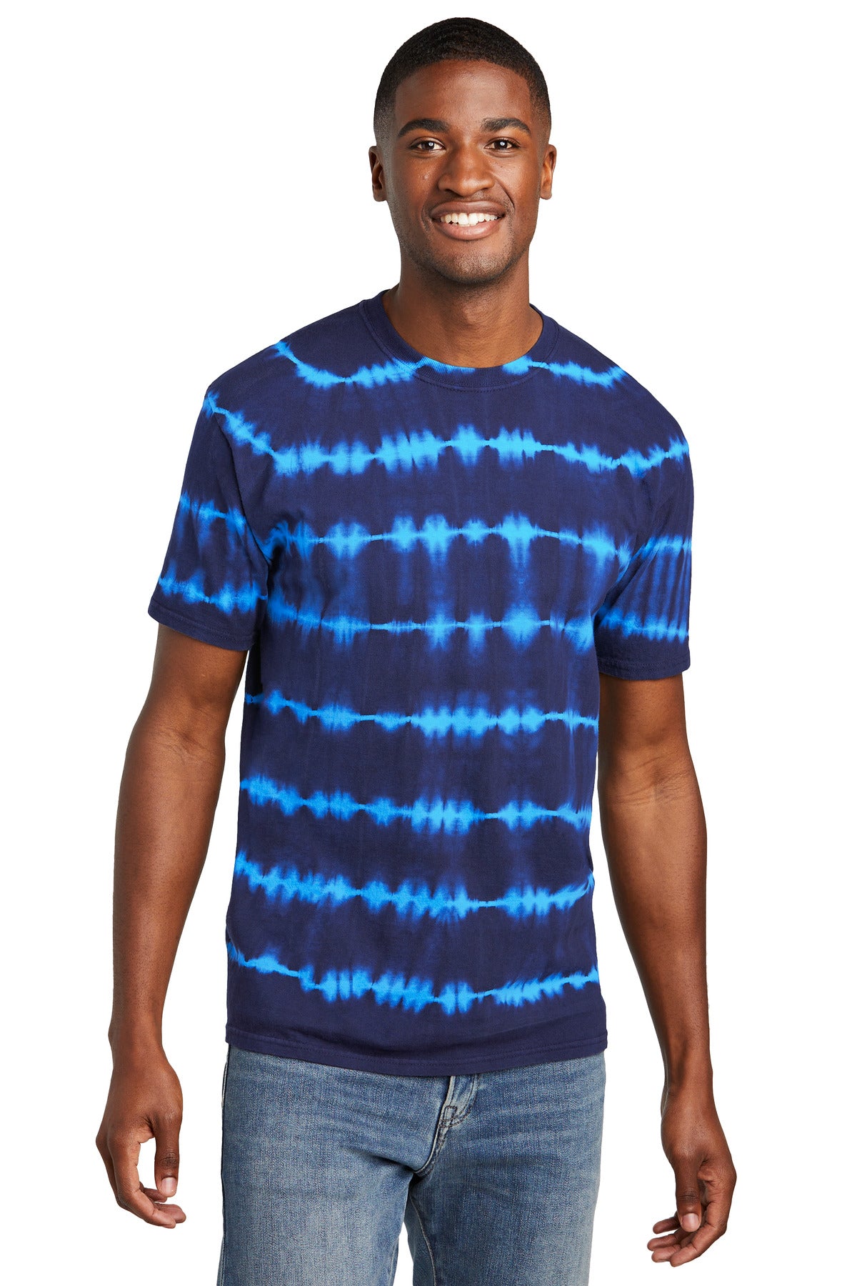 Port & Co Allover Stripe Tie-Dye Tee PC142 - Turquoise/ Team Navy