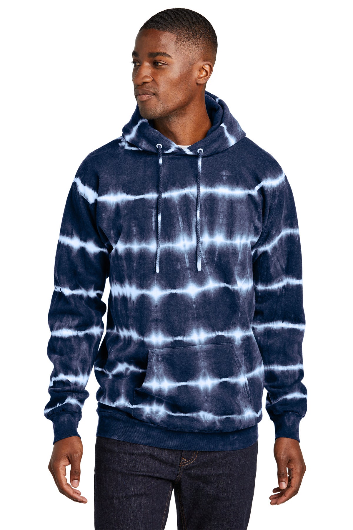 Port & Co Allover Stripe Tie-Dye Fleece PC143 - True Navy/ White