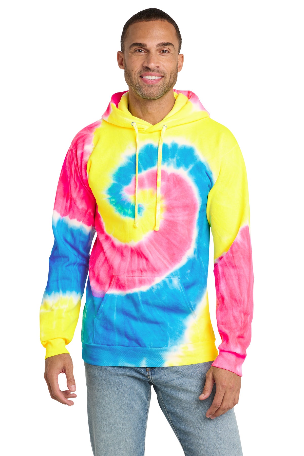 Port & Co Tie-Dye Pullover Hooded Sweatshirt. PC146 - Neon Rainbow