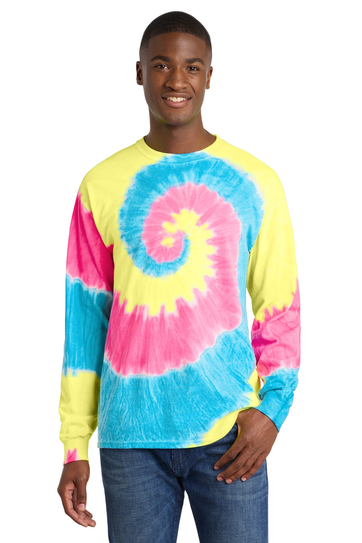 Port & Co Tie-Dye Long Sleeve Tee.  PC147LS - Neon Rainbow