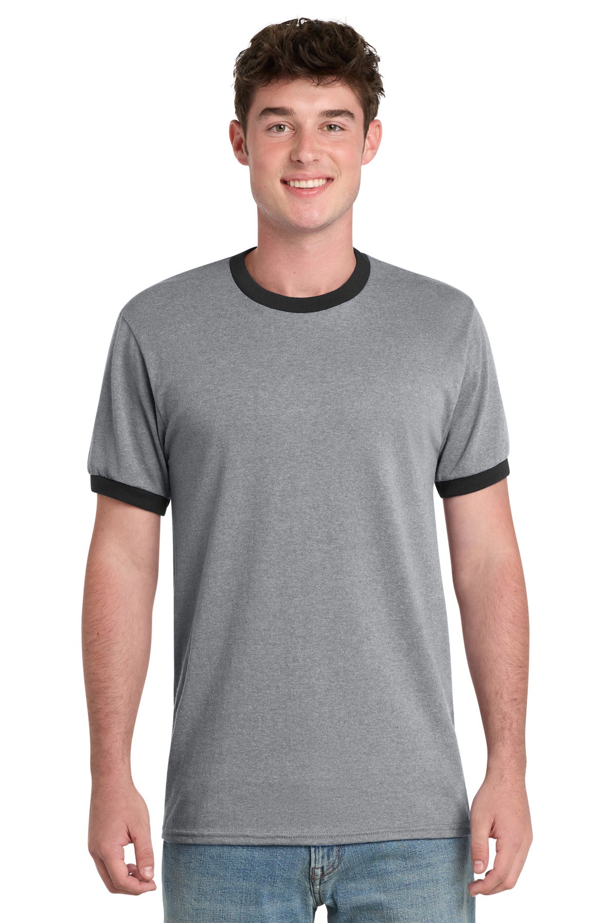 Port & Co Core Cotton Ringer Tee.  PC54R - Athletic Heather/ Jet Black