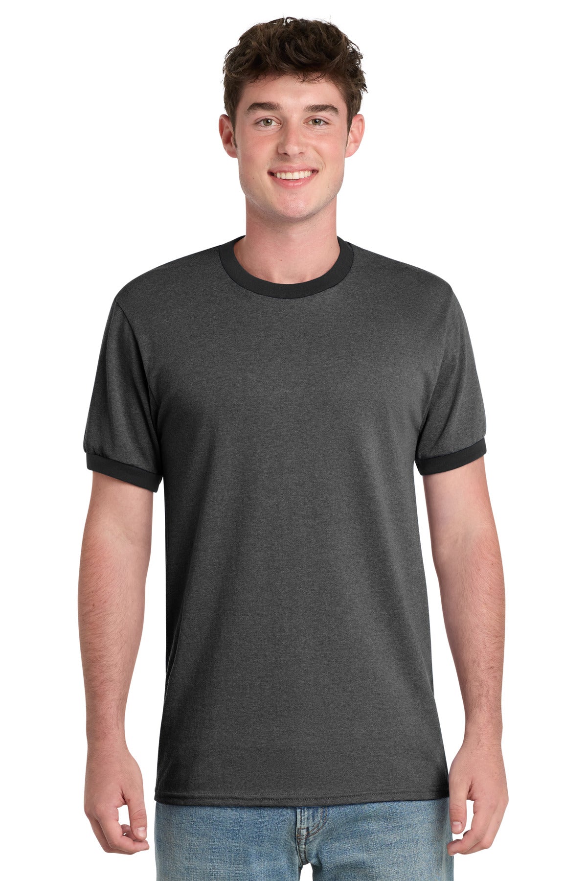 Port & Co Core Cotton Ringer Tee.  PC54R - Dark Heather Grey/ Jet Black