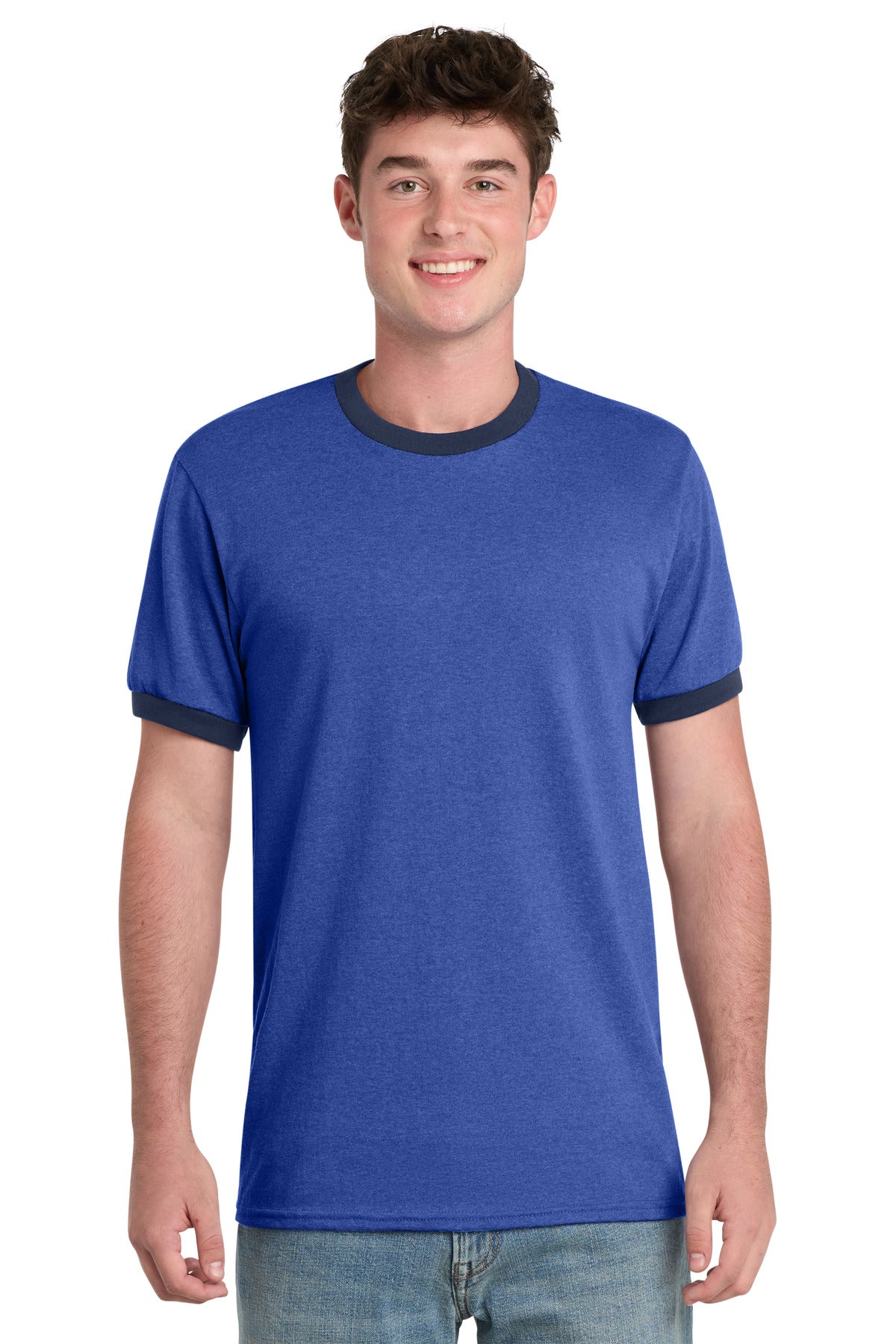 Port & Co Core Cotton Ringer Tee.  PC54R - Heather Royal/ Navy