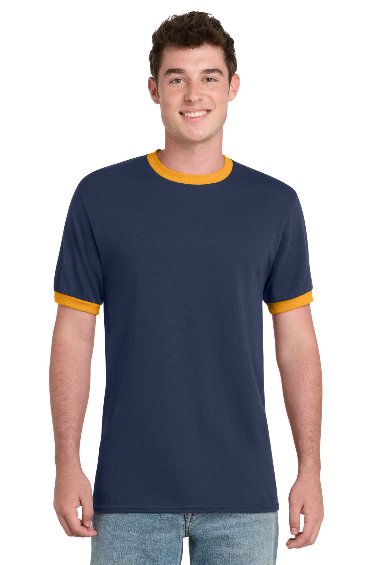 Port & Co Core Cotton Ringer Tee.  PC54R - Navy/ Gold