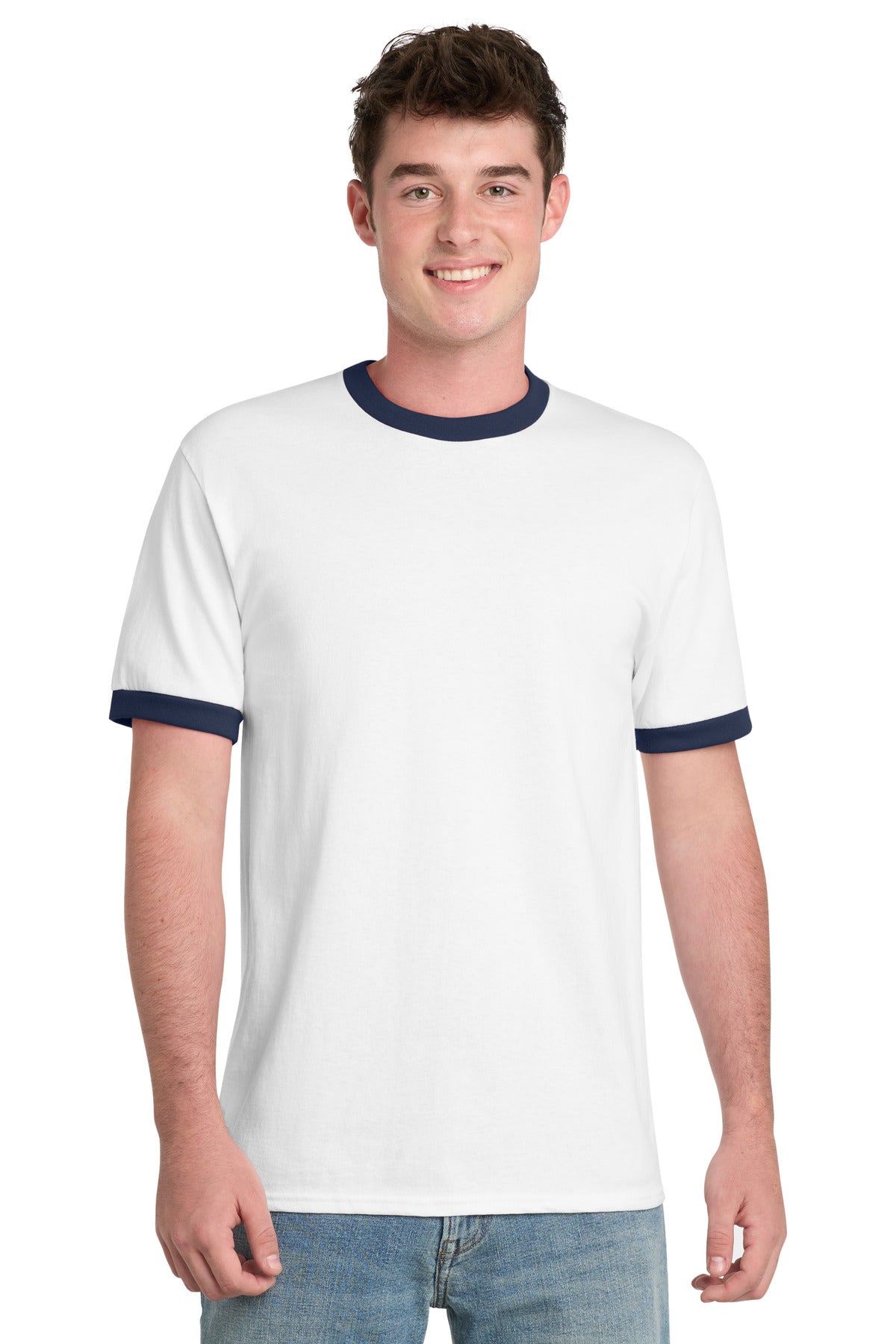 Port & Co Core Cotton Ringer Tee.  PC54R - White/ Navy