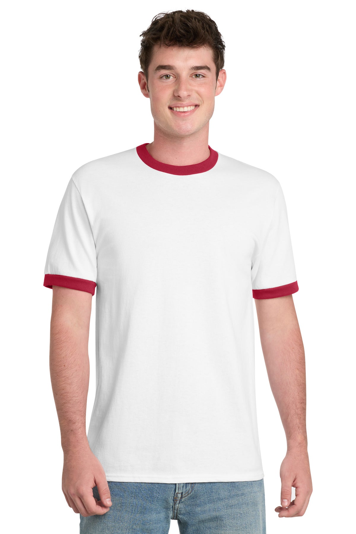 Port & Co Core Cotton Ringer Tee.  PC54R - White/ Red