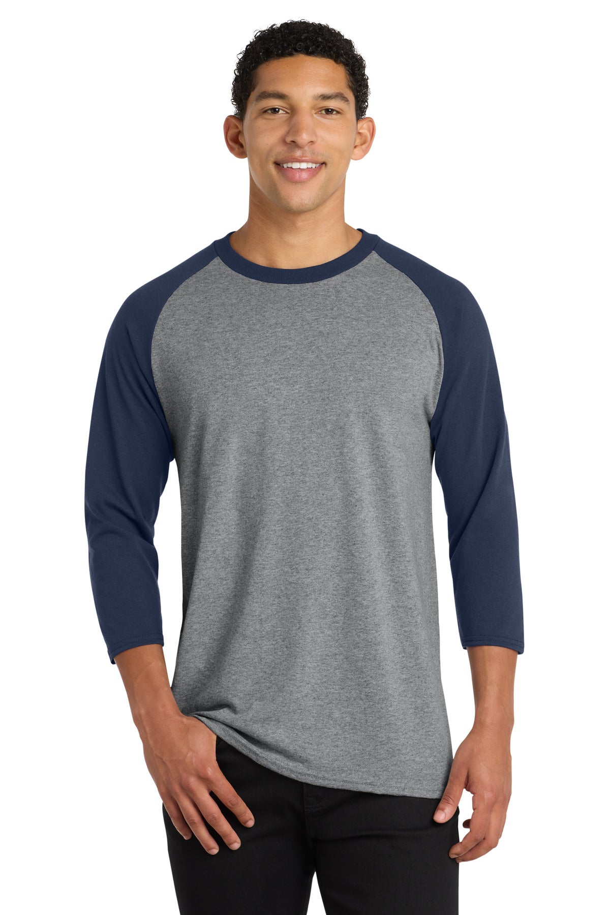 Port & Co Core Blend 3/4-Sleeve Raglan Tee. PC55RS - Athletic Heather/ Navy