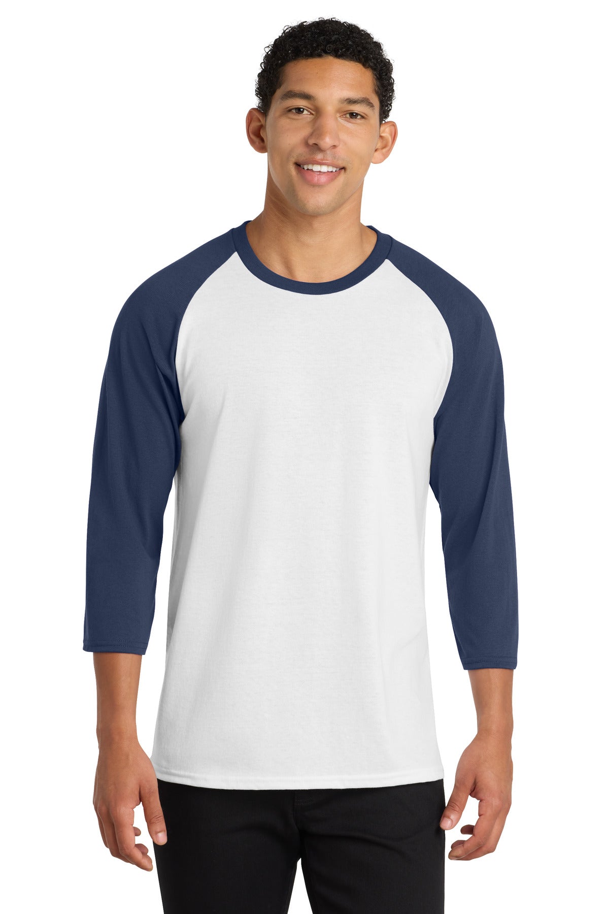 Port & Co Core Blend 3/4-Sleeve Raglan Tee. PC55RS - White/ Navy