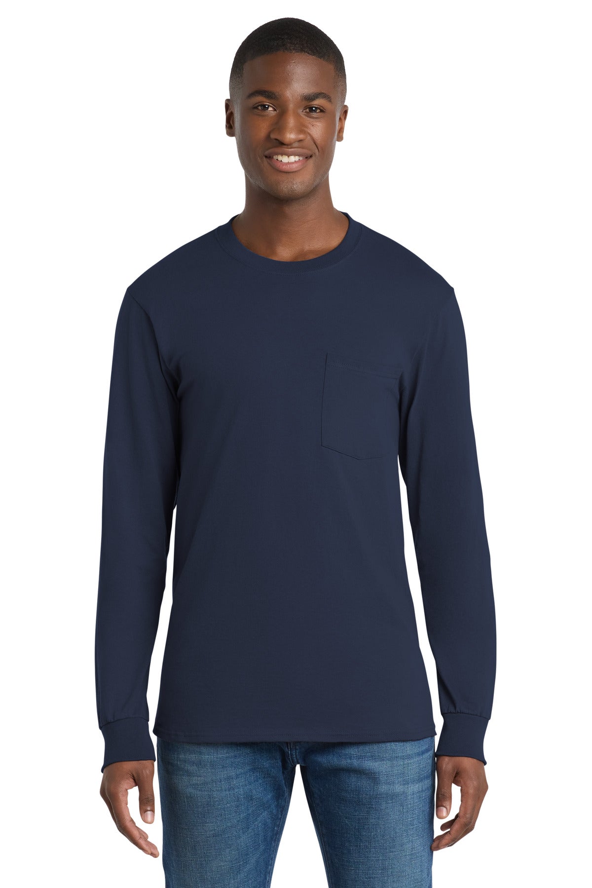 Port & Co Tall Long Sleeve Essential Pocket Tee. PC61LSPT - Navy