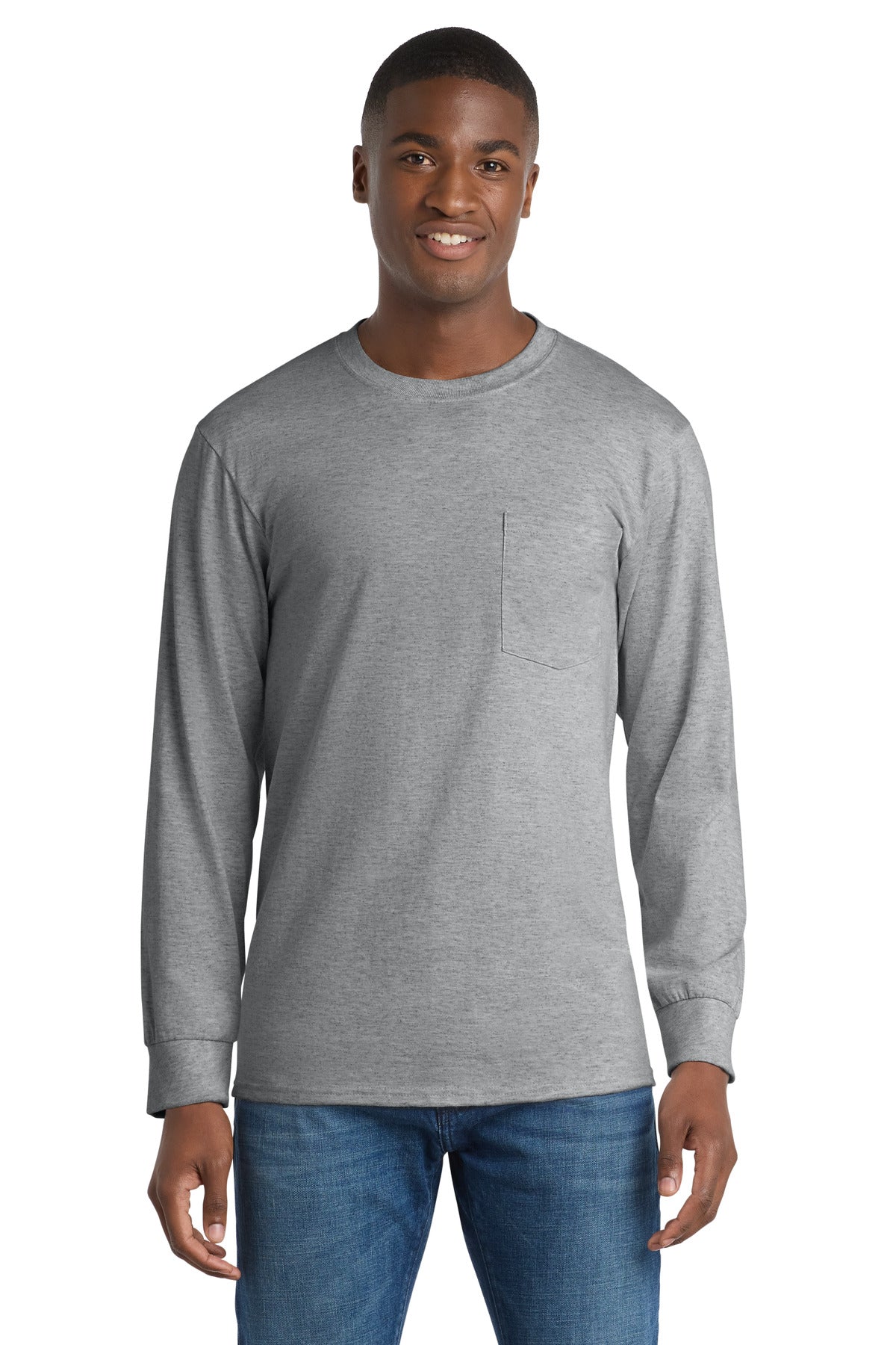 Port & Co Long Sleeve Essential Pocket Tee.  PC61LSP - Athletic Heather