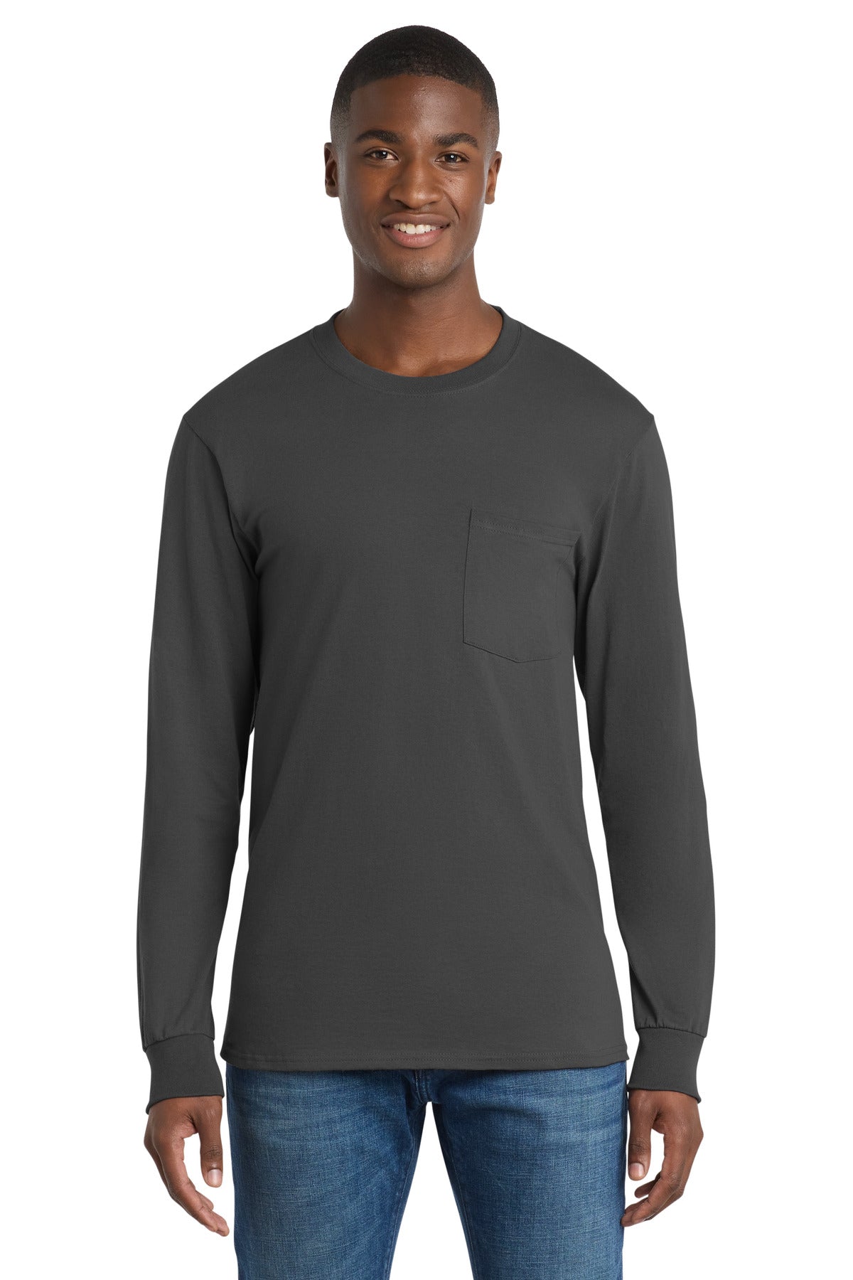 Port & Co Long Sleeve Essential Pocket Tee.  PC61LSP - Charcoal