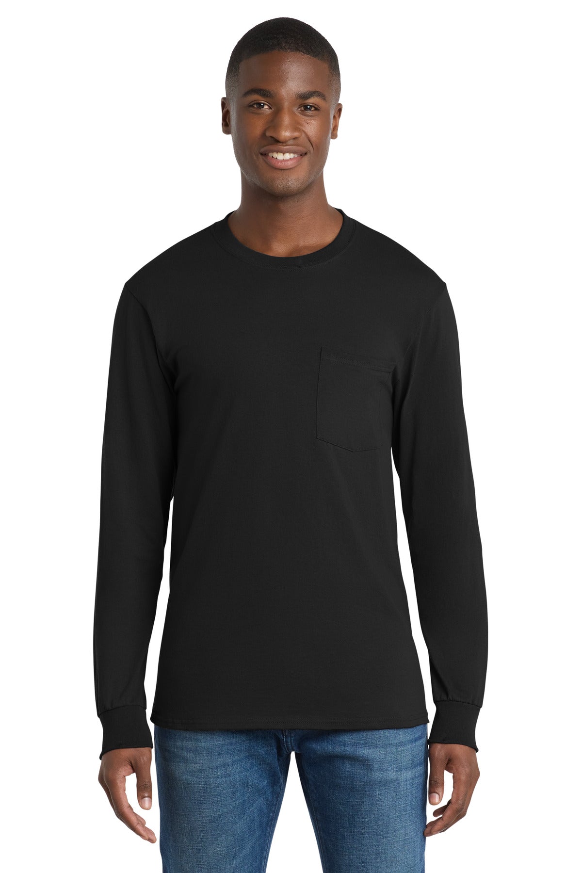 Port & Co Long Sleeve Essential Pocket Tee.  PC61LSP - Jet Black