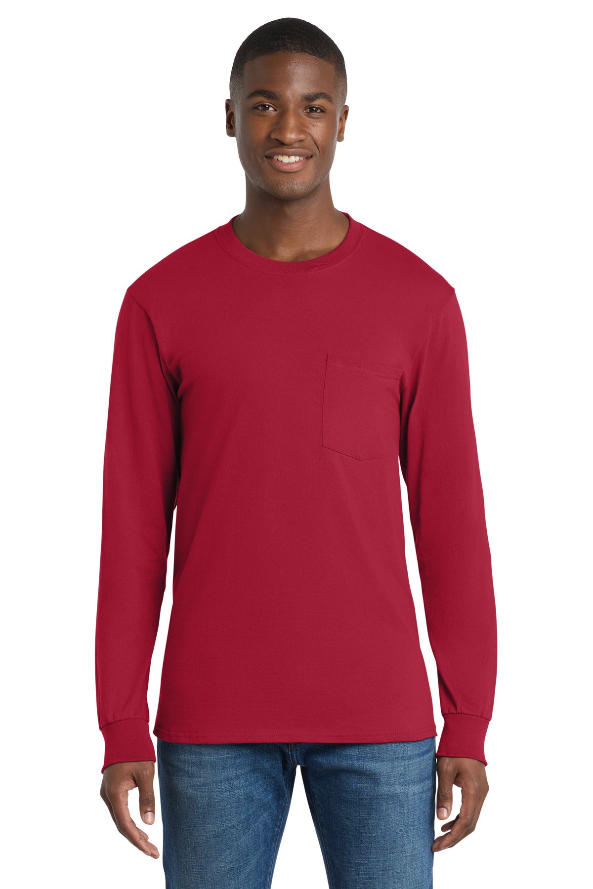 Port & Co Long Sleeve Essential Pocket Tee.  PC61LSP - Red