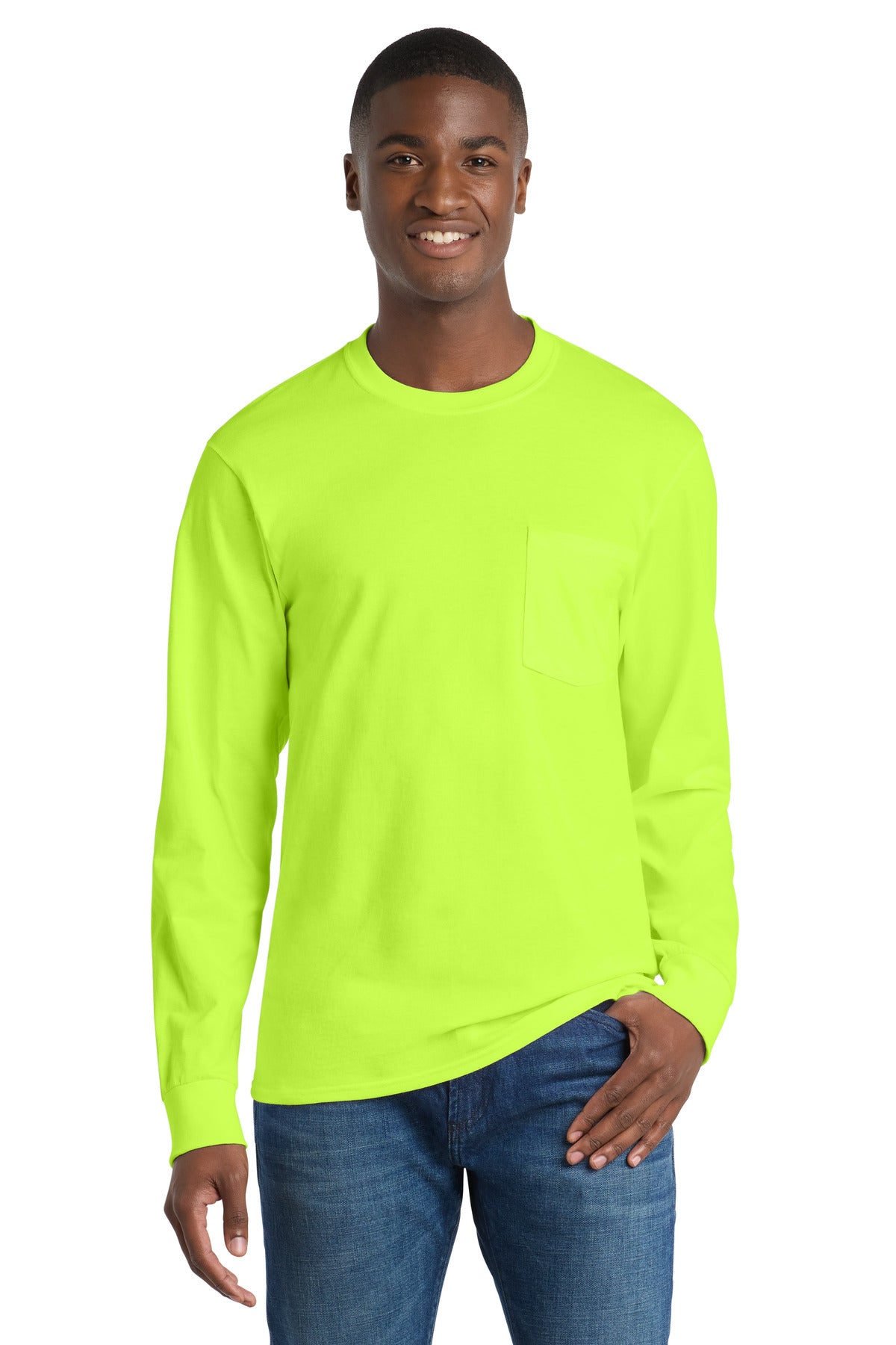 Port & Co Long Sleeve Essential Pocket Tee.  PC61LSP - S. Green