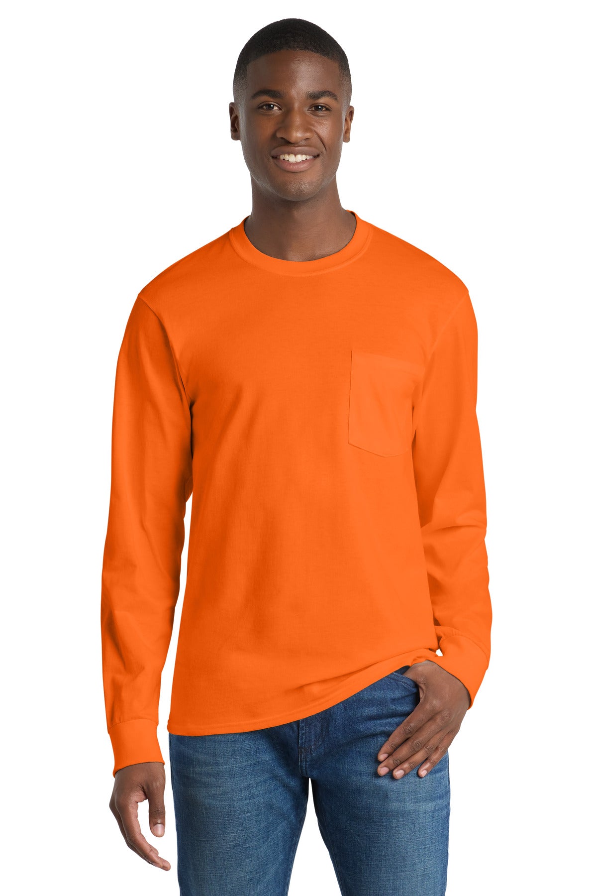 Port & Co Long Sleeve Essential Pocket Tee.  PC61LSP - S. Orange