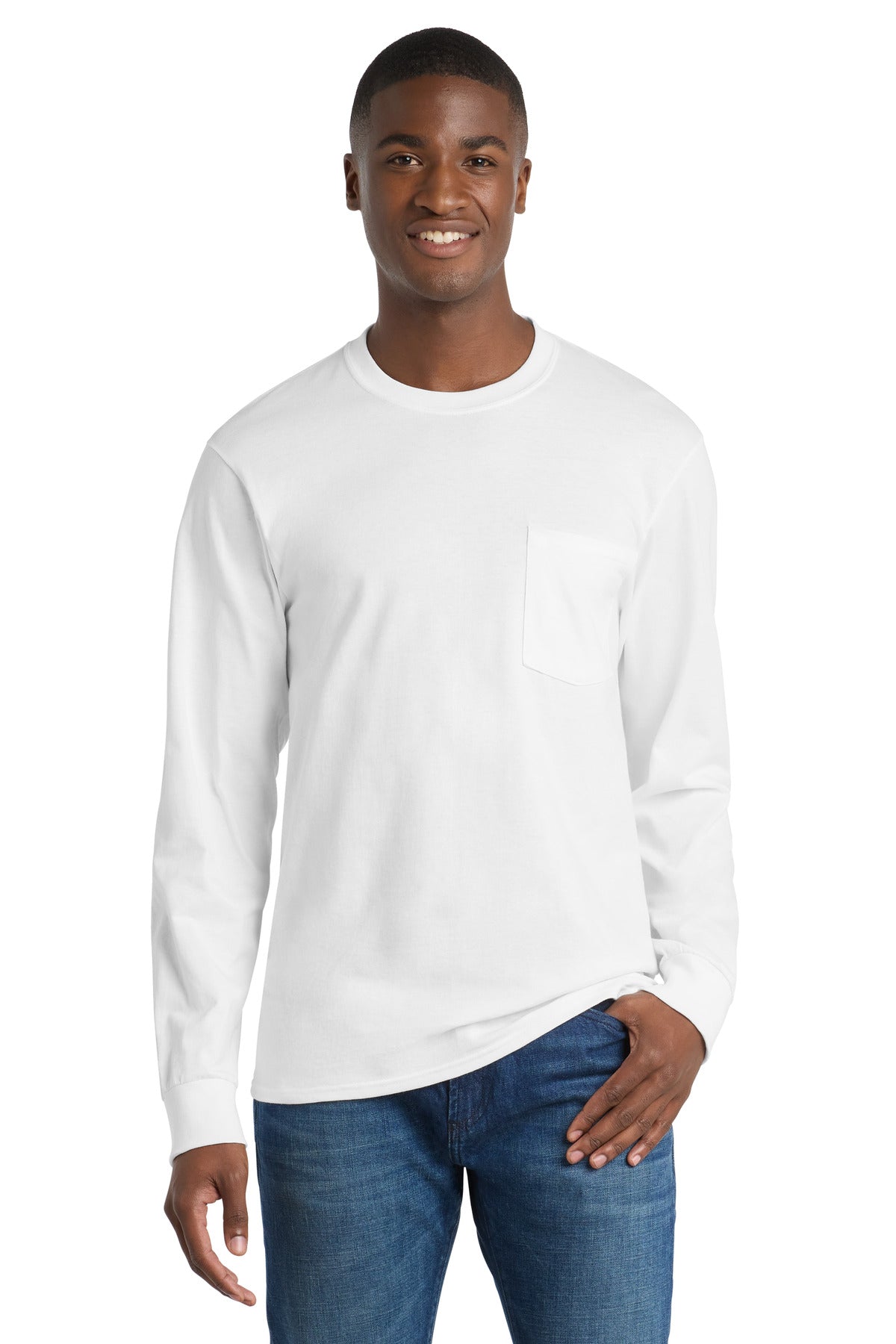Port & Co Long Sleeve Essential Pocket Tee.  PC61LSP - White