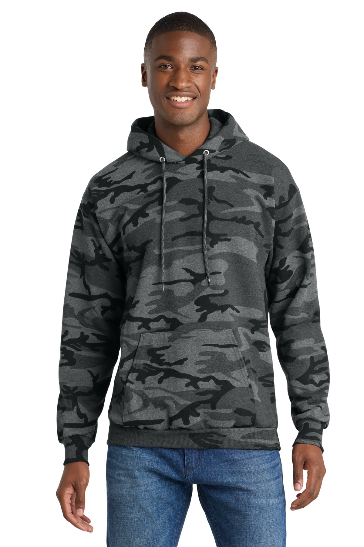 Port & Co Core Fleece Camo Pullover Hooded Sweatshirt. PC78HC - Black Heather Camo