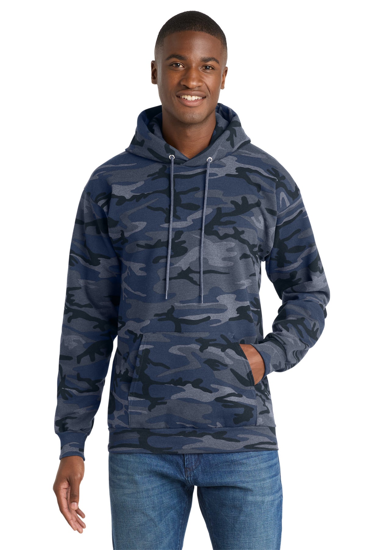 Port & Co Core Fleece Camo Pullover Hooded Sweatshirt. PC78HC - Heather Navy Camo