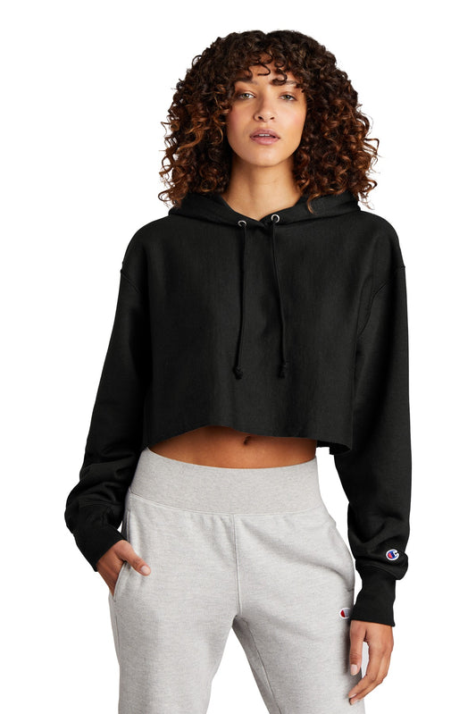 Champion   Women's Reverse Weave   Cropped Cut-Off Hooded Sweatshirt RW01W - Black