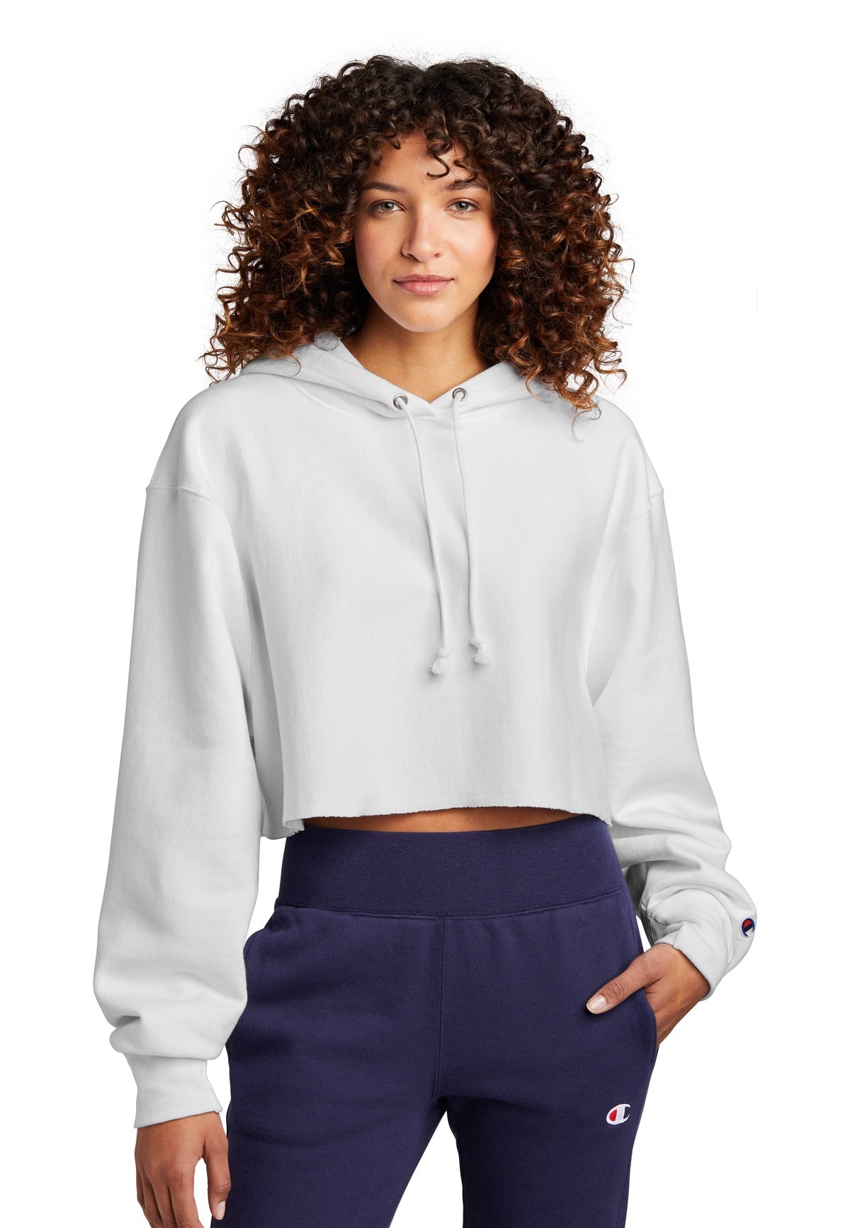 Champion   Women's Reverse Weave   Cropped Cut-Off Hooded Sweatshirt RW01W - White