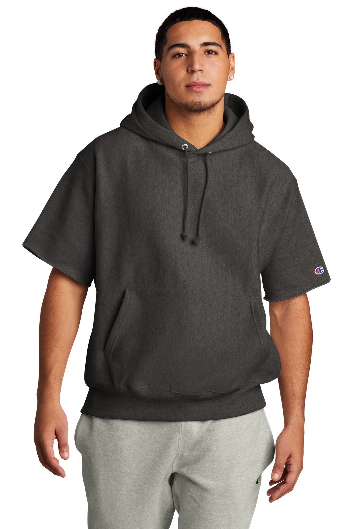 Champion   Reverse Weave   Short Sleeve Hooded Sweatshirt S101SS - Charcoal Heather