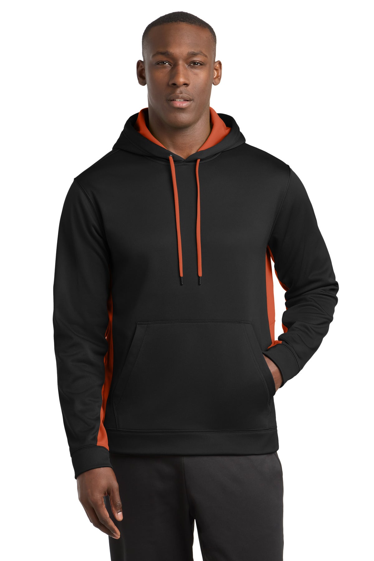 Sport-Tek Sport-Wick Fleece Colorblock Hooded Pullover. ST235 - Black/ Deep Orange