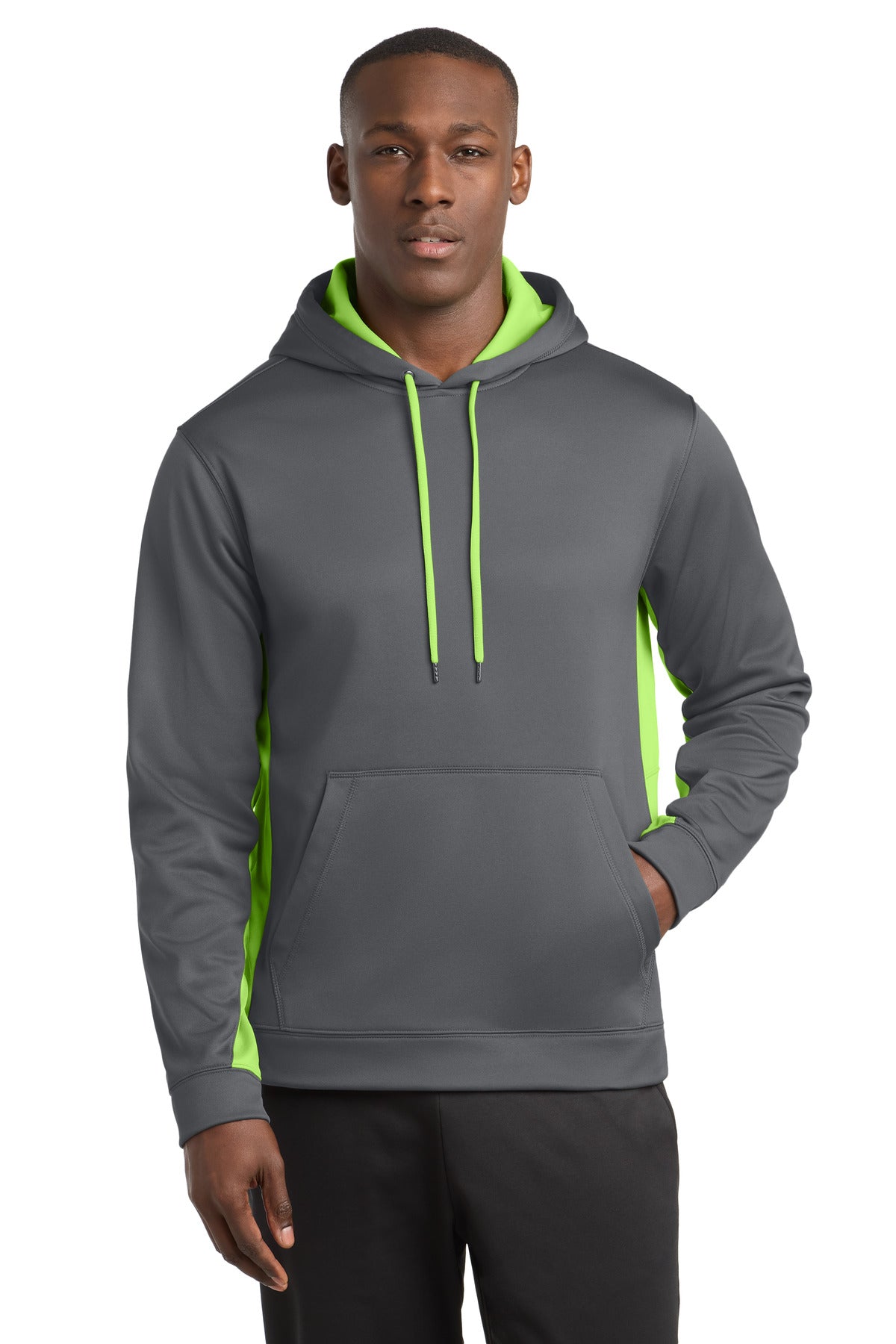 Sport-Tek Sport-Wick Fleece Colorblock Hooded Pullover. ST235 - Dark Smoke Grey/ Lime Shock