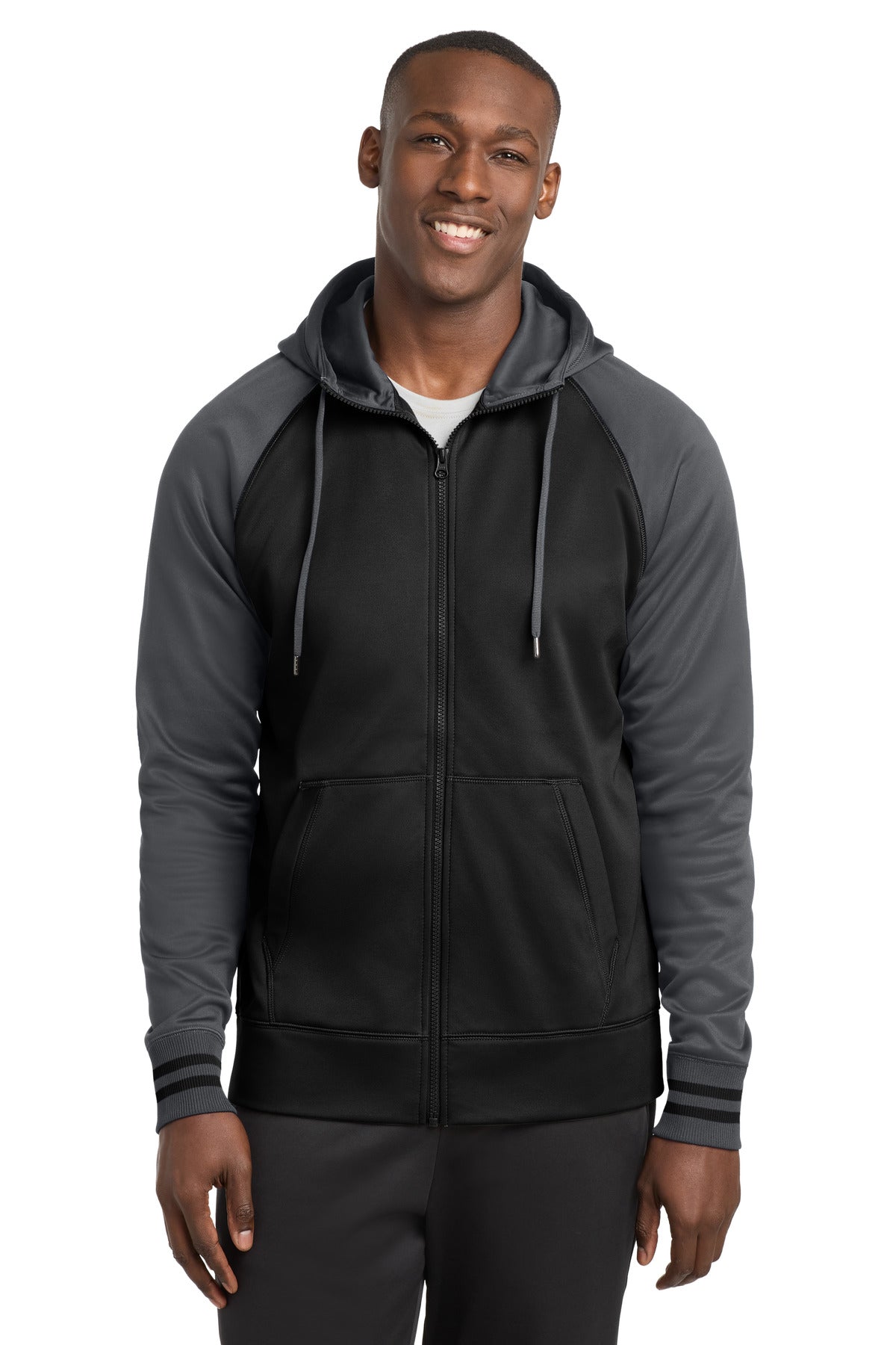 Sport-Tek Sport-Wick Varsity Fleece Full-Zip Hooded Jacket. ST236 - Black/ Dark Smoke Grey